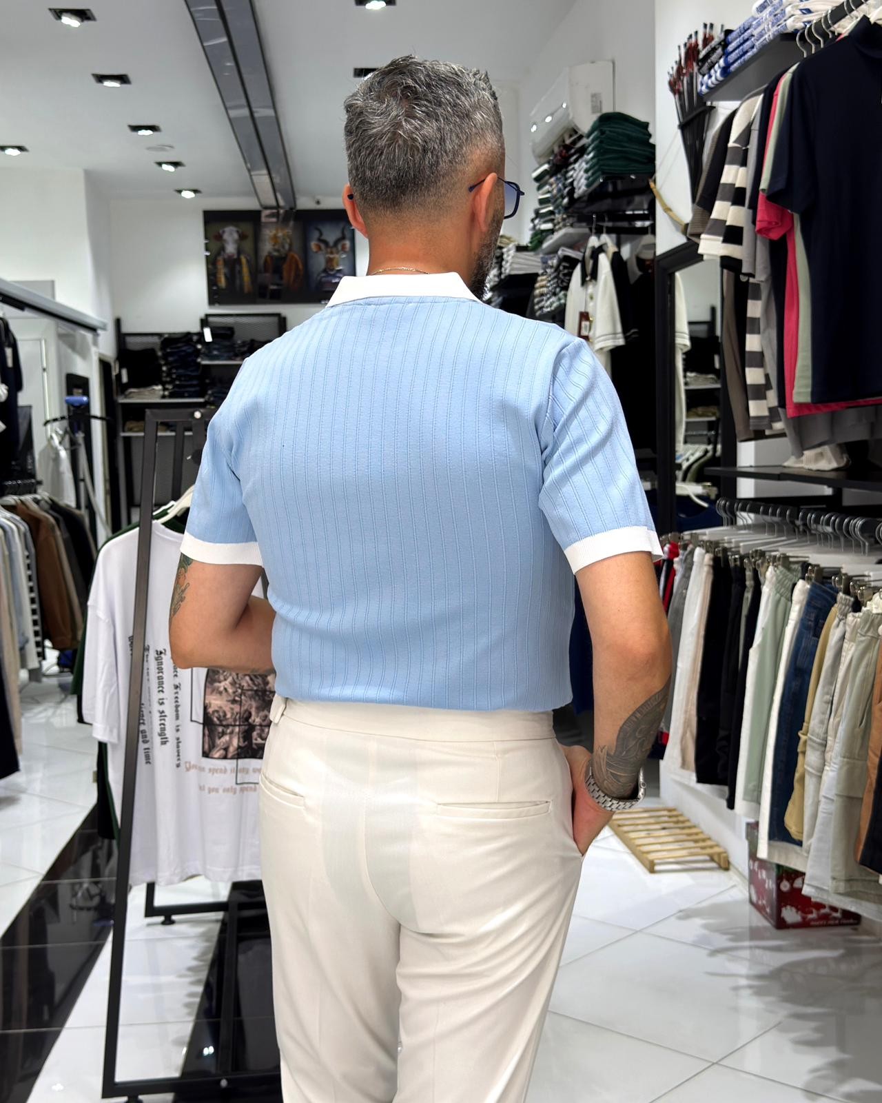 Yaka Detaylı Erkek Triko Polo Yaka T-Shirt - Bebe Mavisi