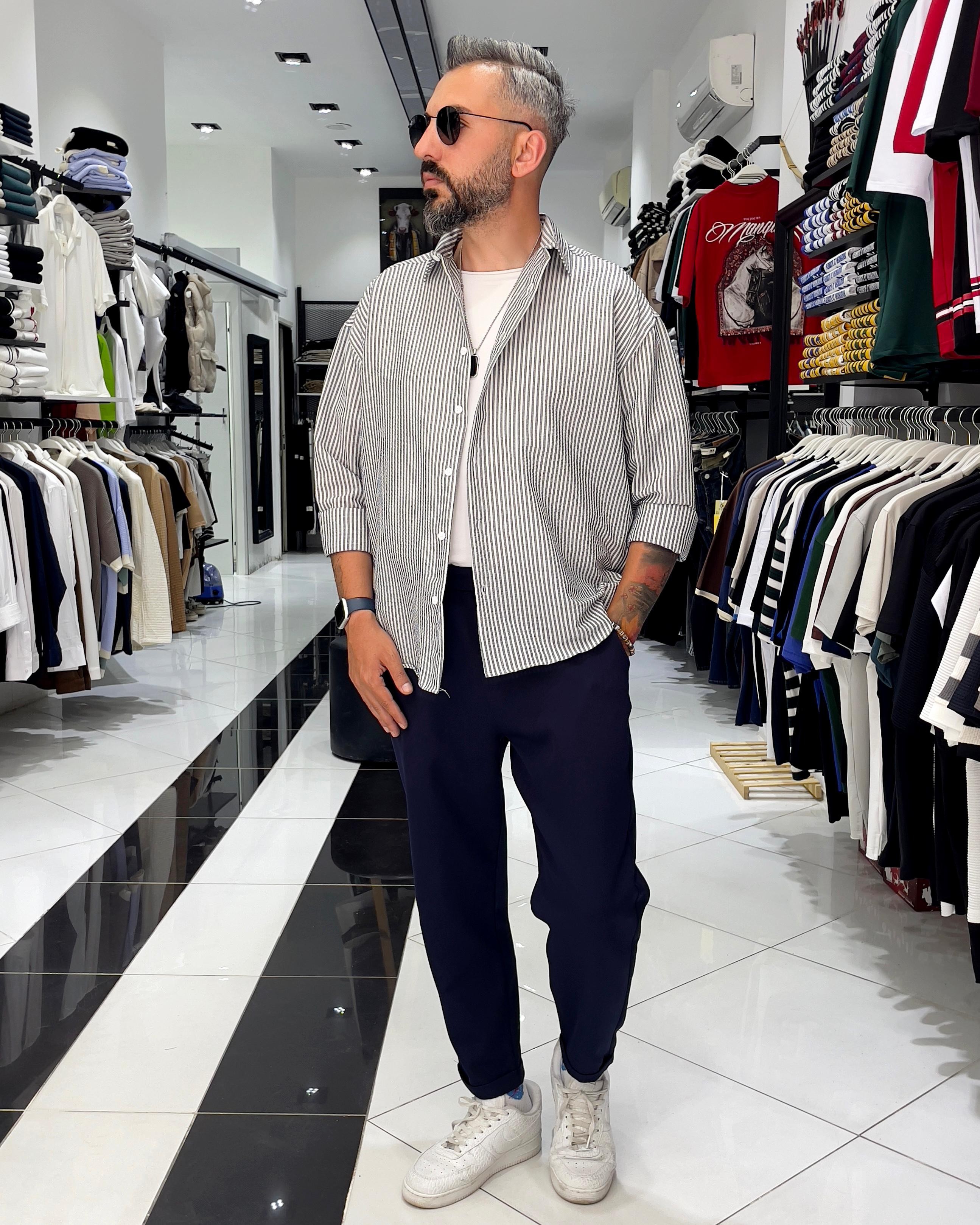 Gofre Kumaş Çizgili Oversize Erkek Gömlek - siyah