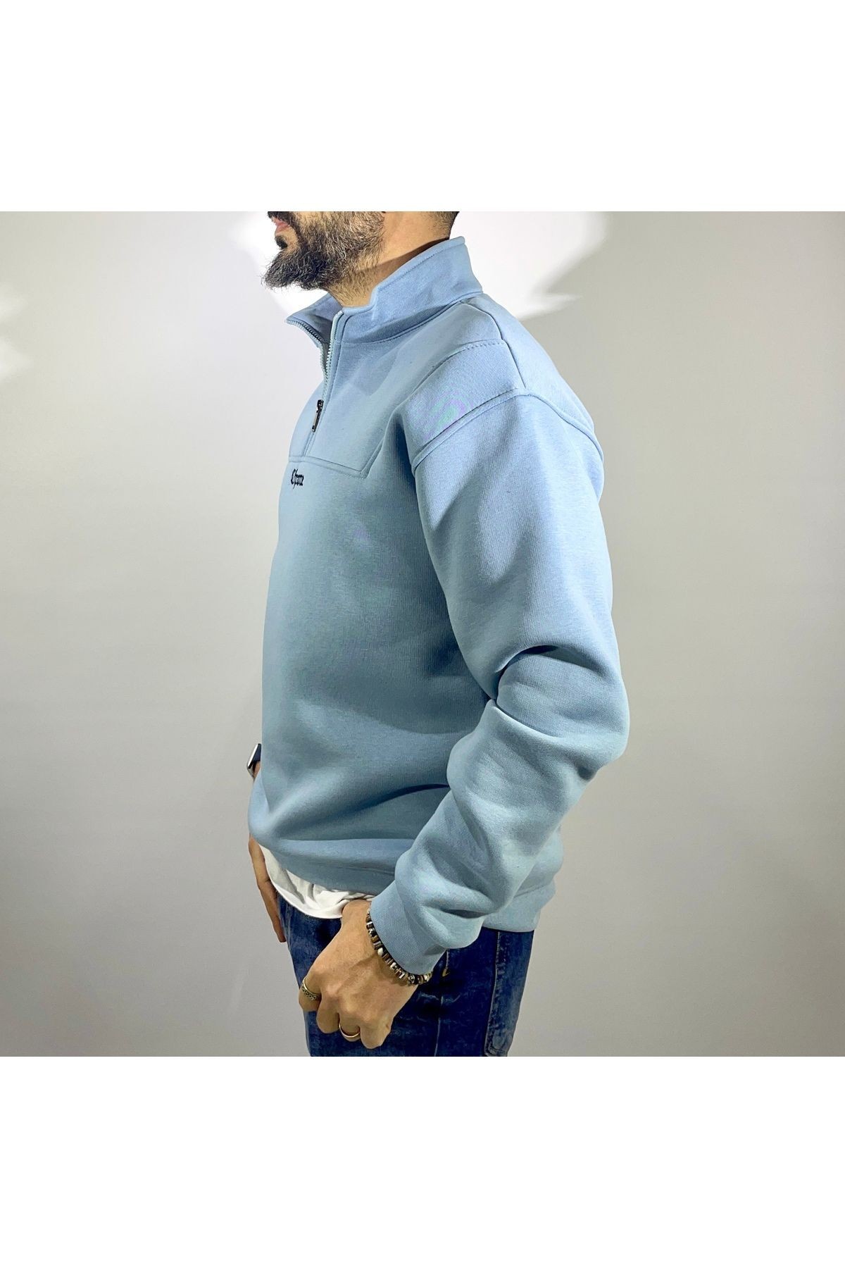 Yarım Fermuarlı Oversize Erkek Sweatshirt - mavi