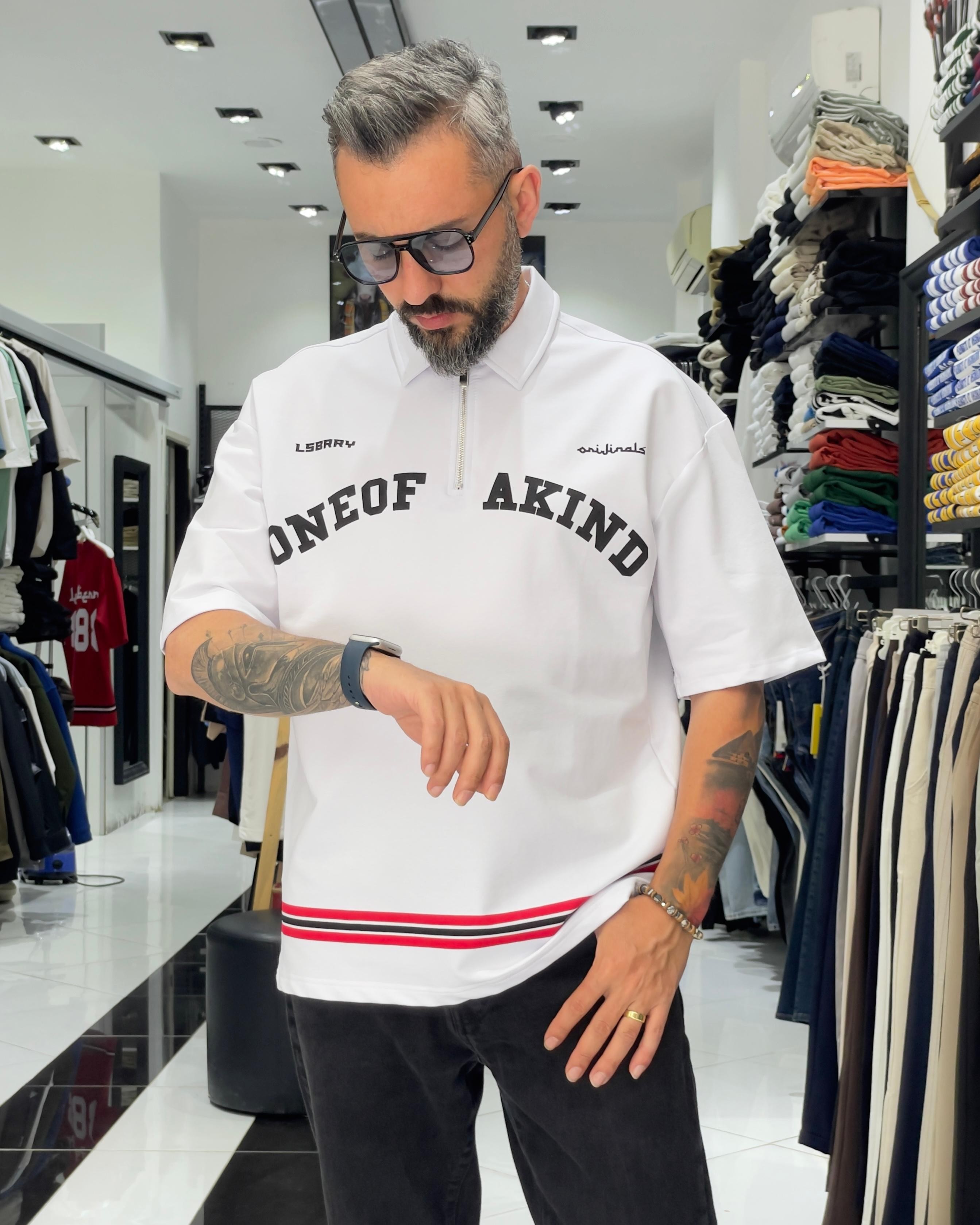 888 Baskılı Oversize Polo Yaka Erkek T-Shirt - beyaz