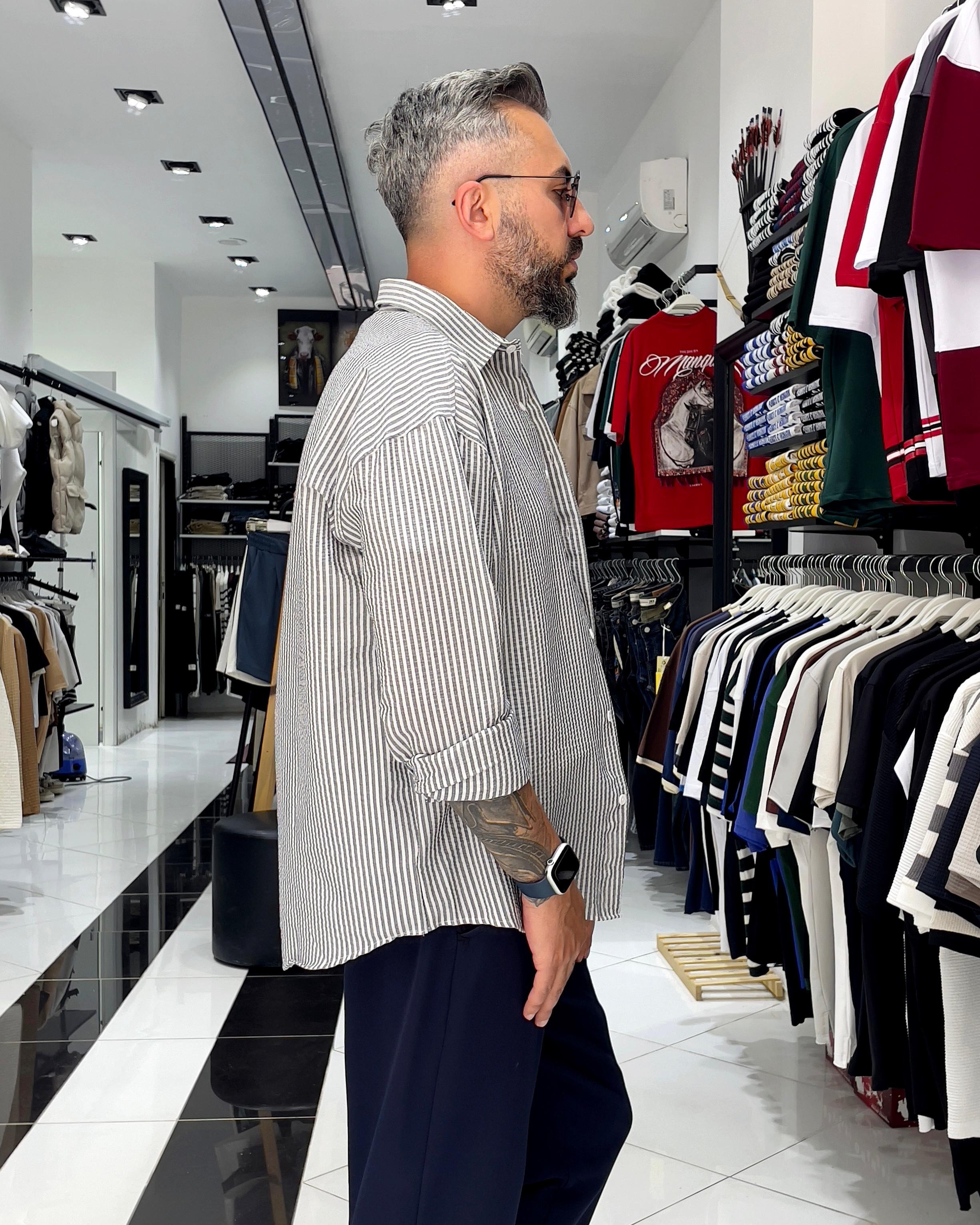 Gofre Kumaş Çizgili Oversize Erkek Gömlek - siyah