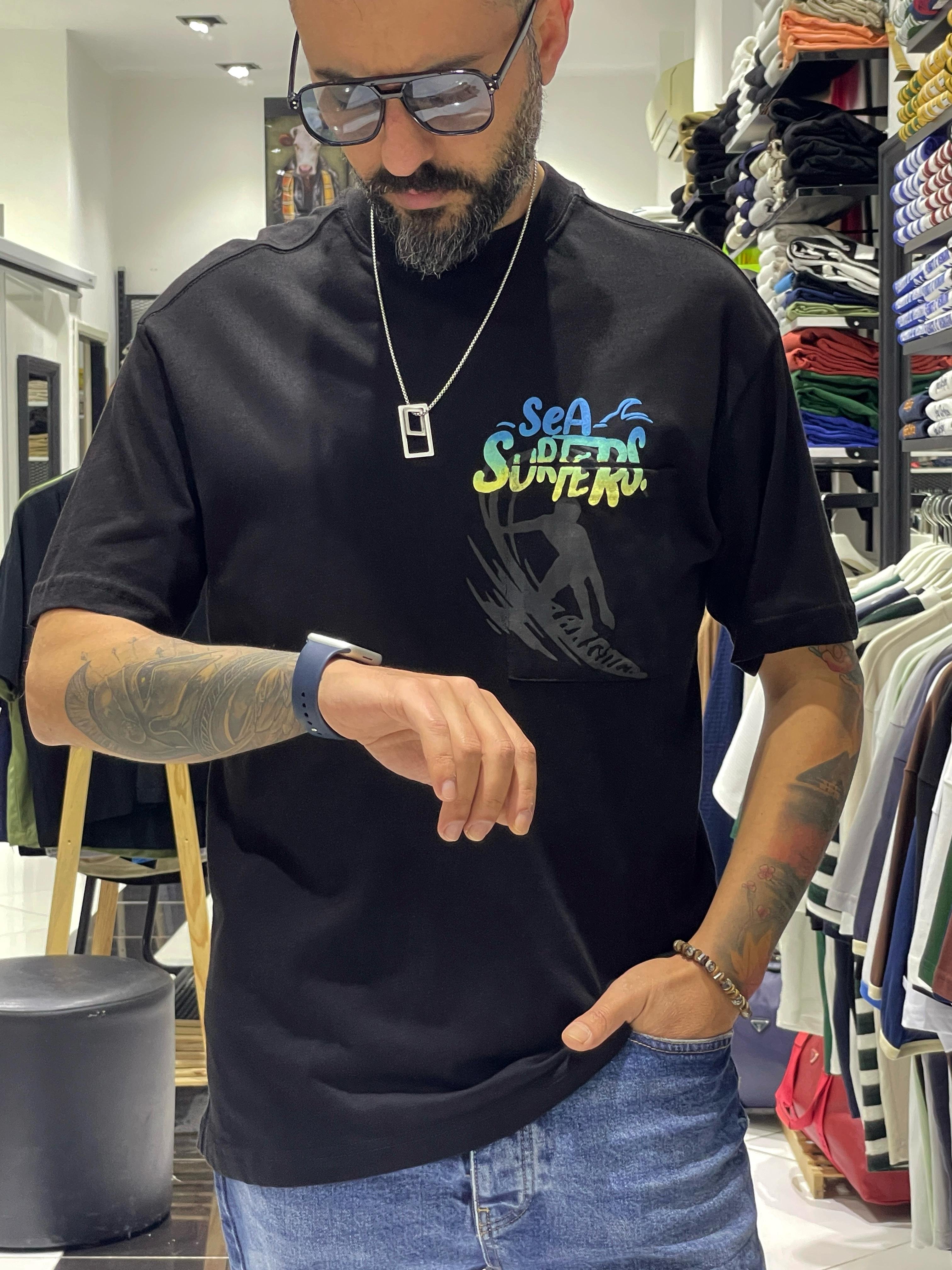 Sea Surfers Sloganlı Oversize T-Shirt - siyah