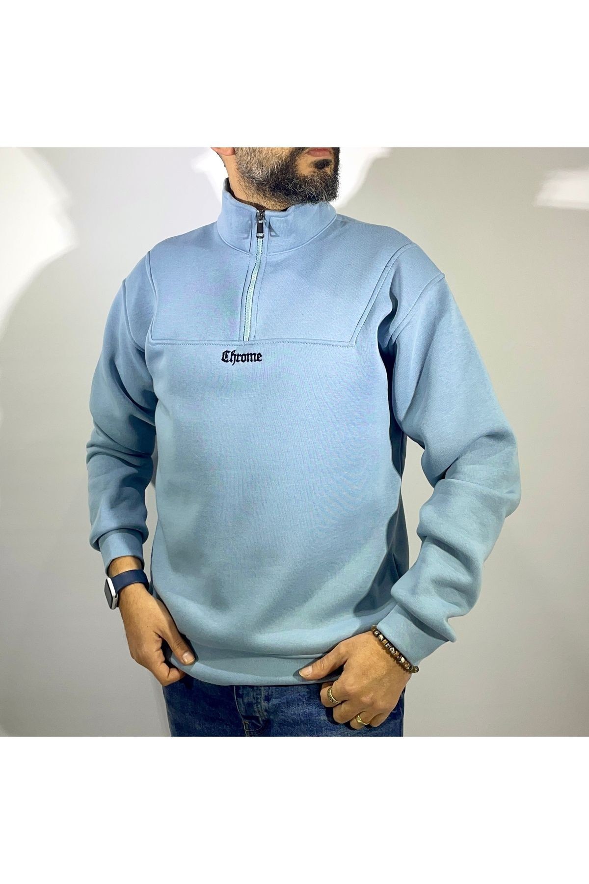 Yarım Fermuarlı Oversize Erkek Sweatshirt - mavi
