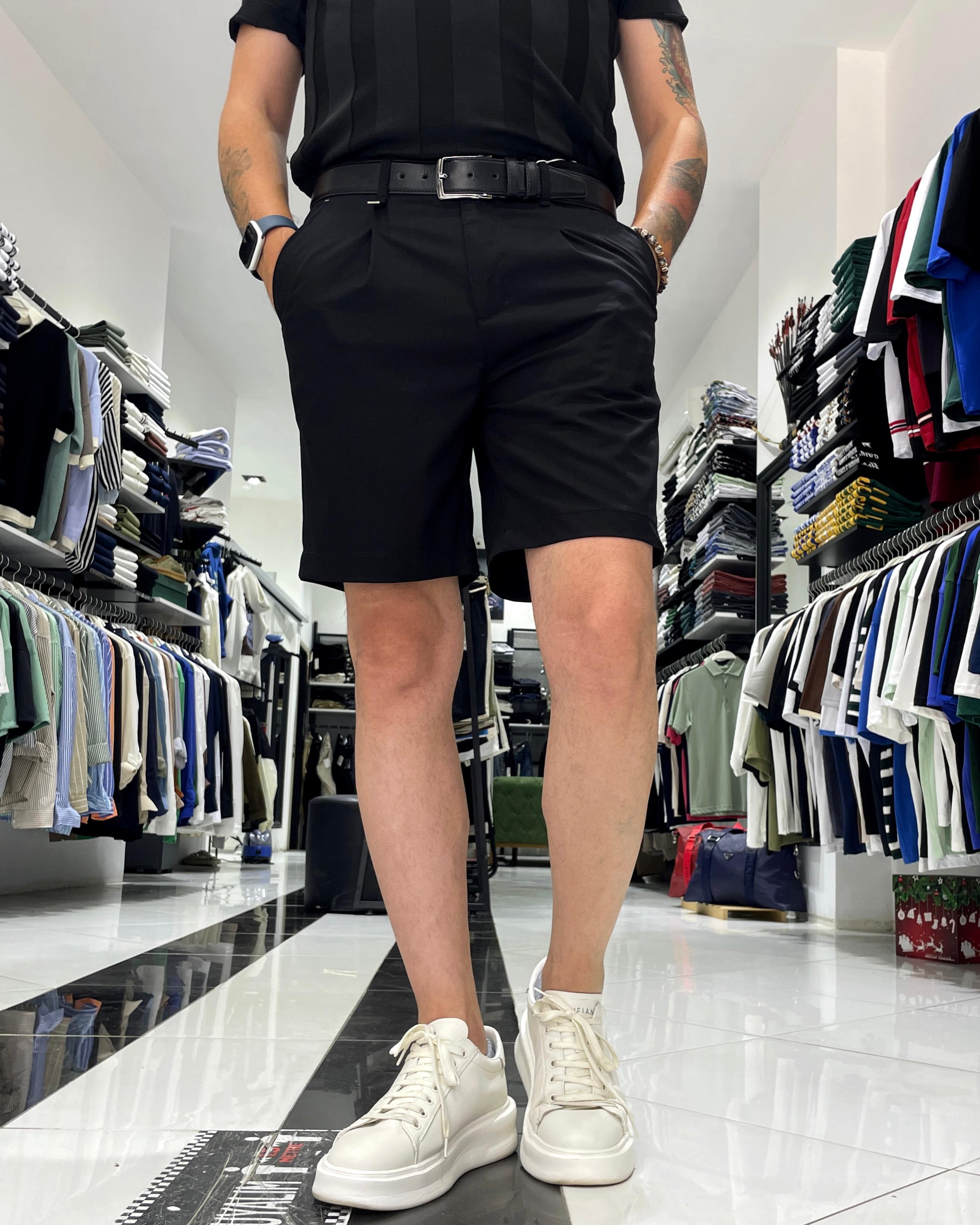 Pile Detaylı Erkek Poliviscon Şort - siyah