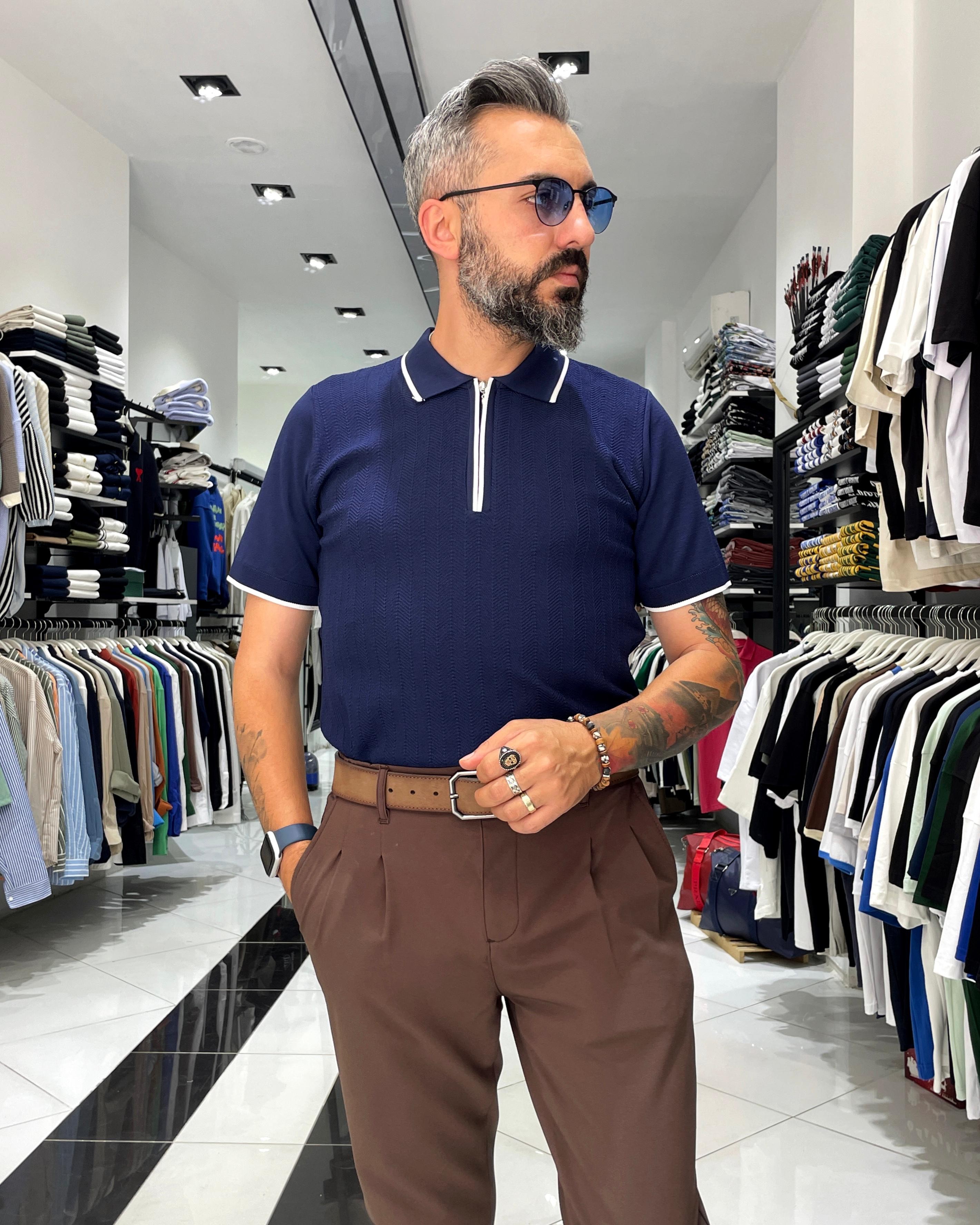 Fermuarlı Triko Polo Yaka Erkek Tişört - lacivert