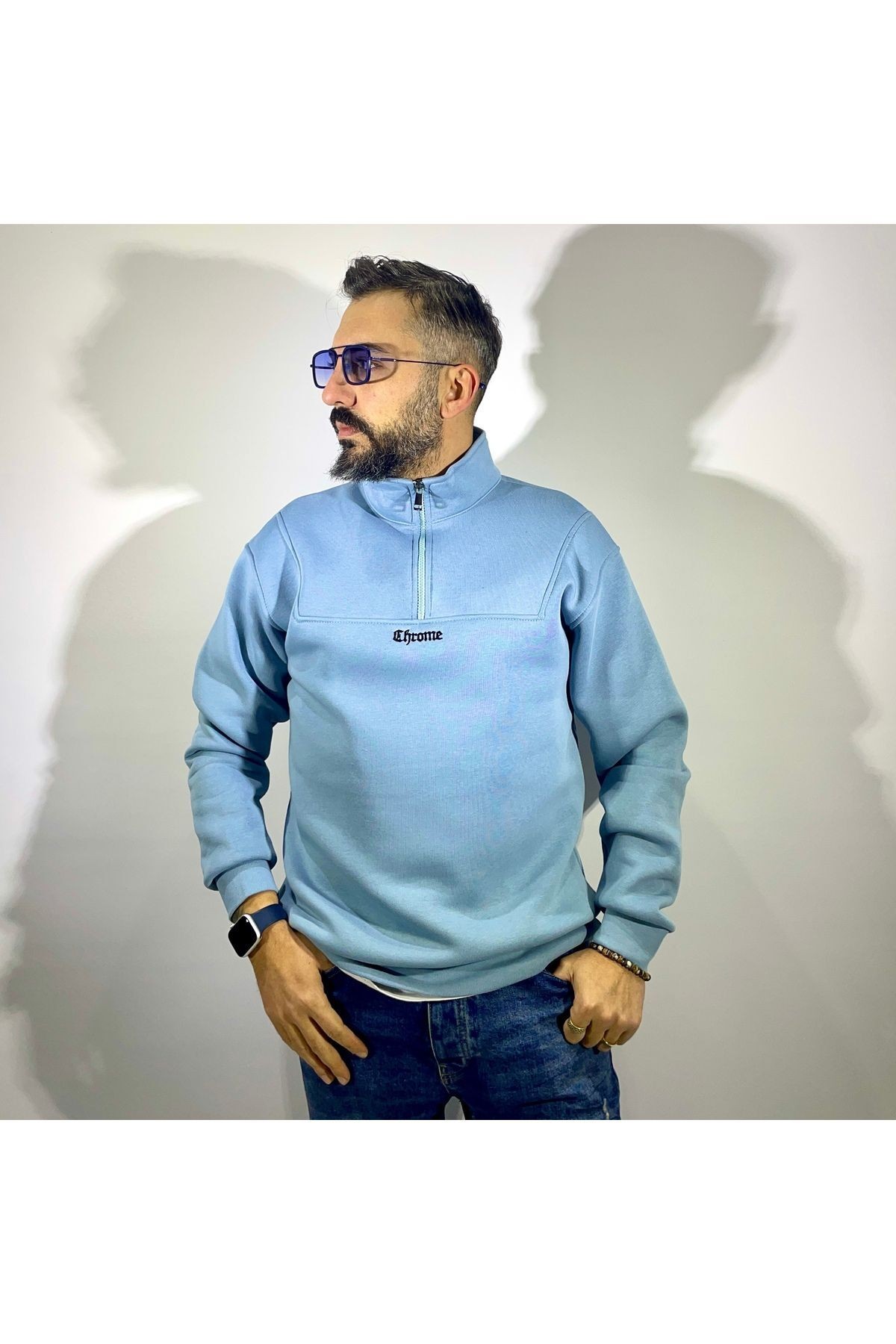 Yarım Fermuarlı Oversize Erkek Sweatshirt - mavi