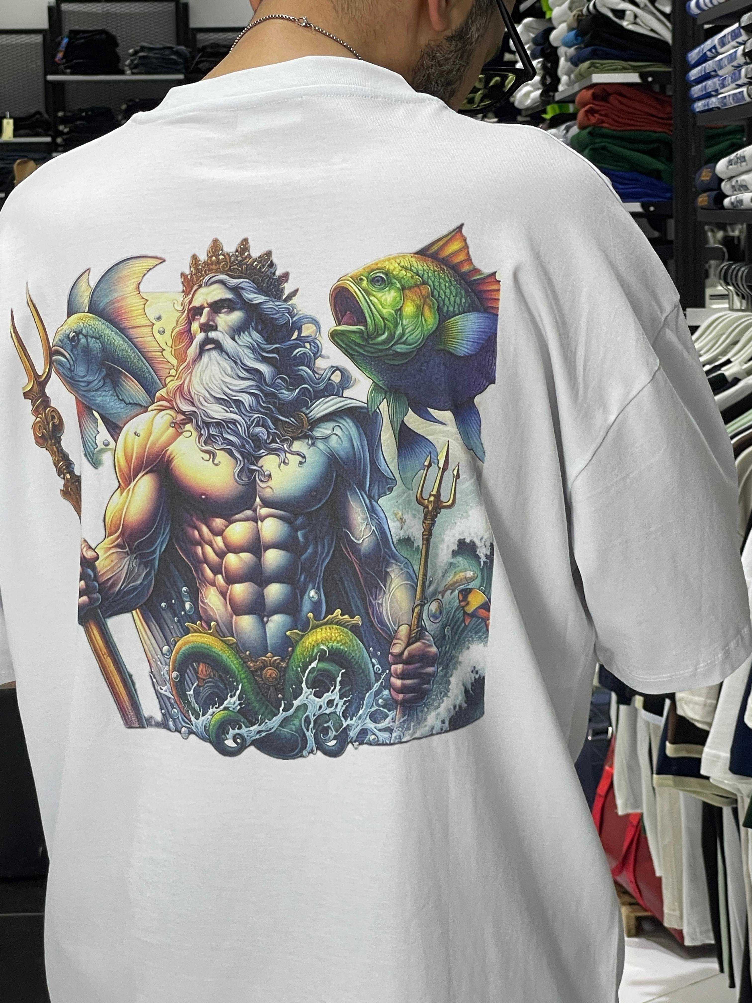 Poseidon Printed White Men's Oversize T-Shirt
