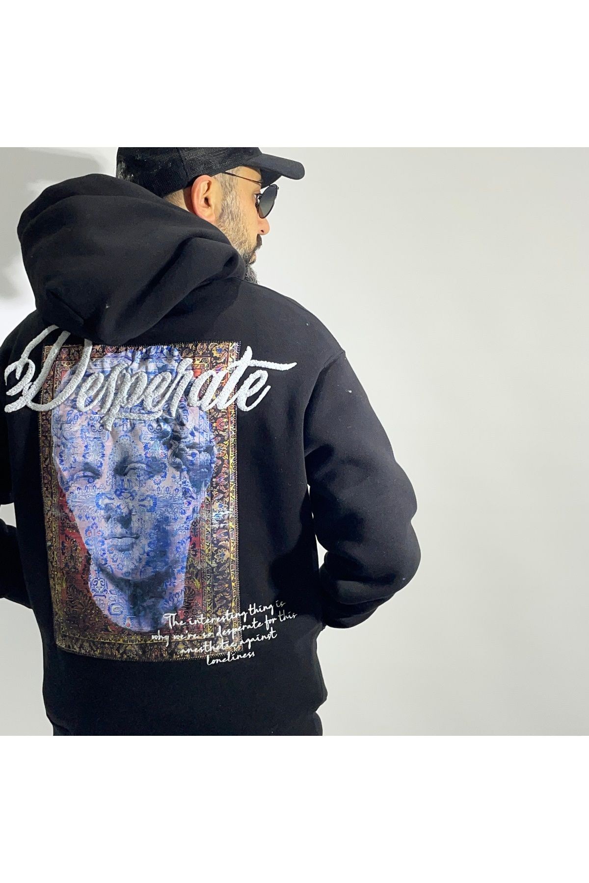 Desperate Kumaş Baskılı Oversize Erkek Hoodie - siyah