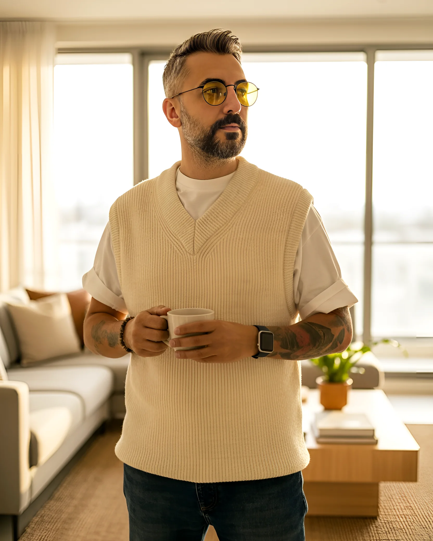 Kolsuz V Yaka Erkek Süveter - bej