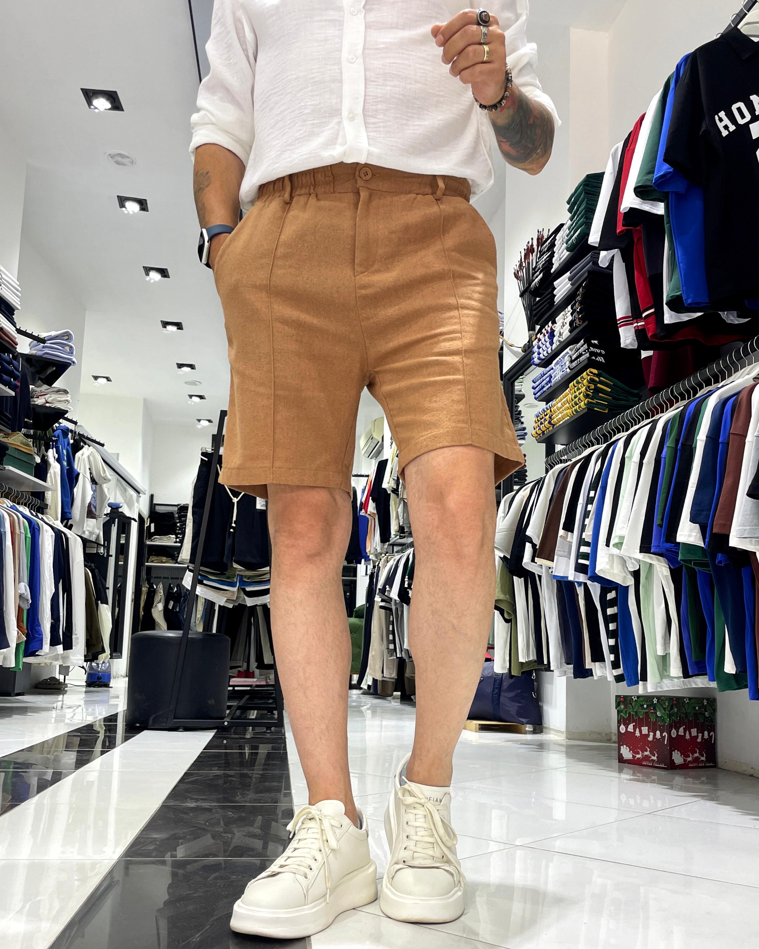 Relaxed Fit Çima Çizgi Detaylı Erkek Keten Pamuk Şort - Karamel