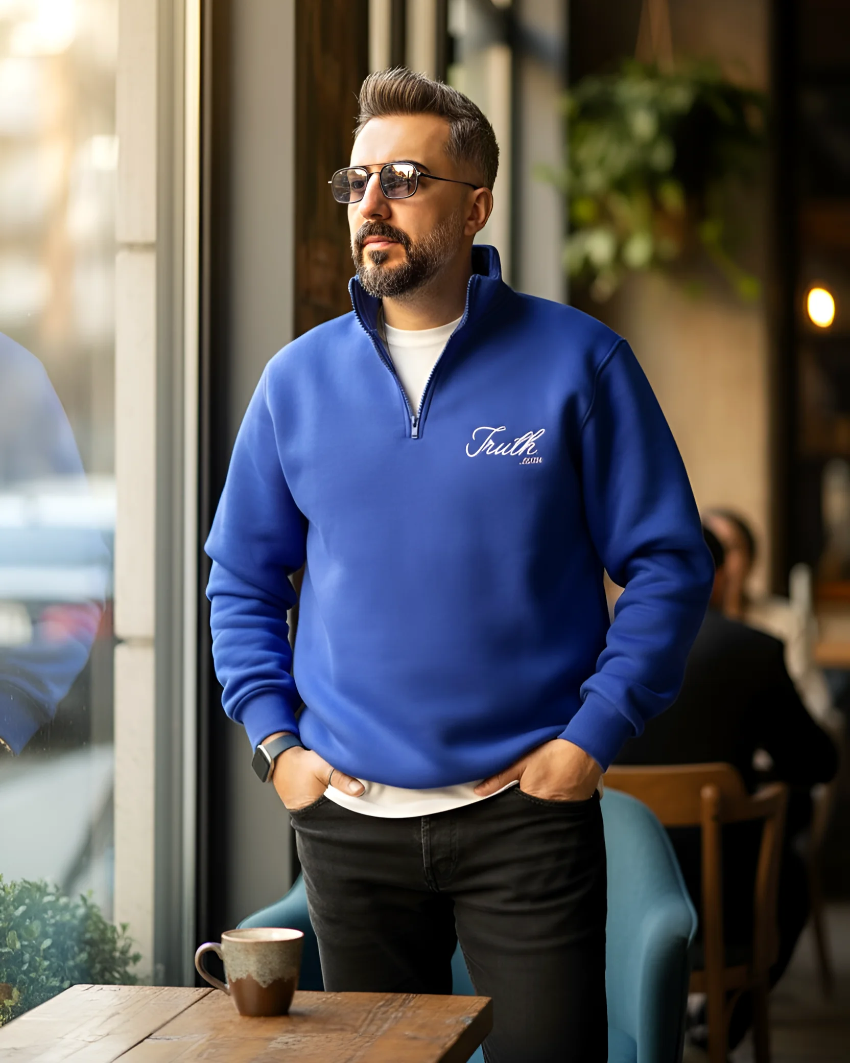 Nakış Detaylı Yarım Fermuar Oversize Erkek Sweatshirt - mavi