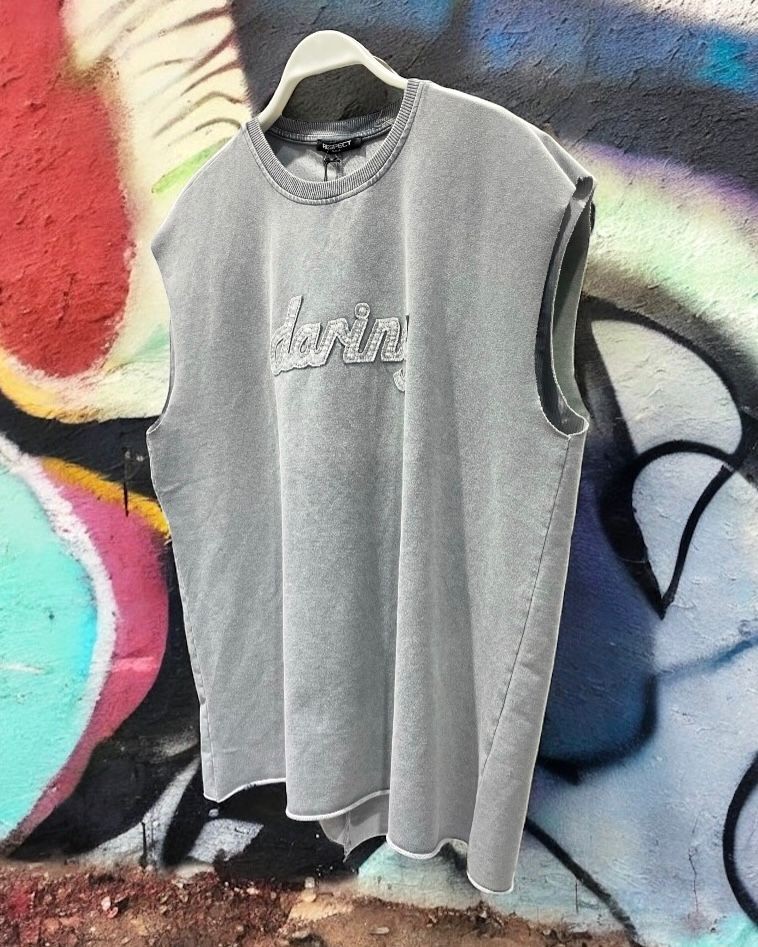 Asit Yıkamalı Nakış Detaylı Oversize Erkek Atlet - yıkamalı gri