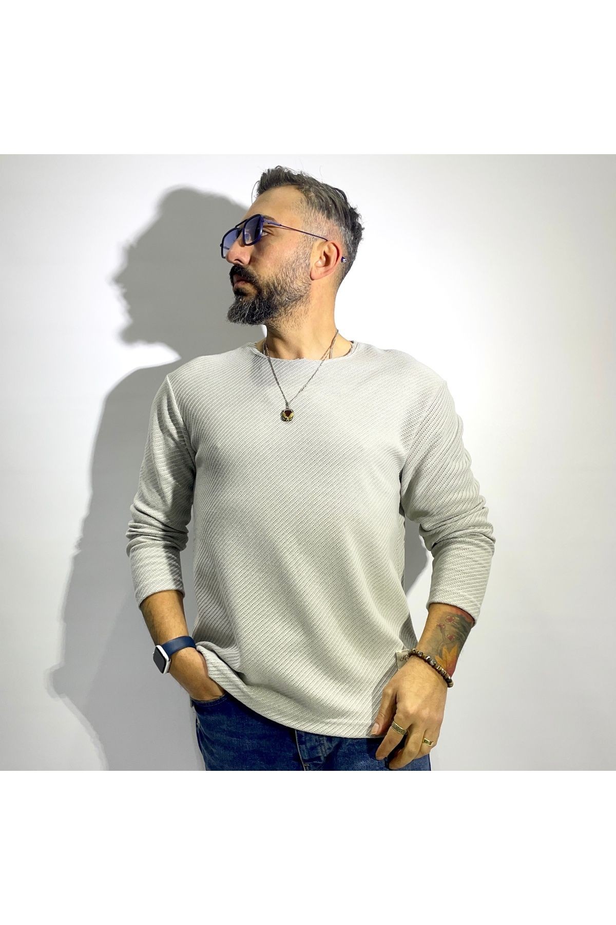 Mikro Desenli Pis Yaka Uzun Kollu Erkek Triko