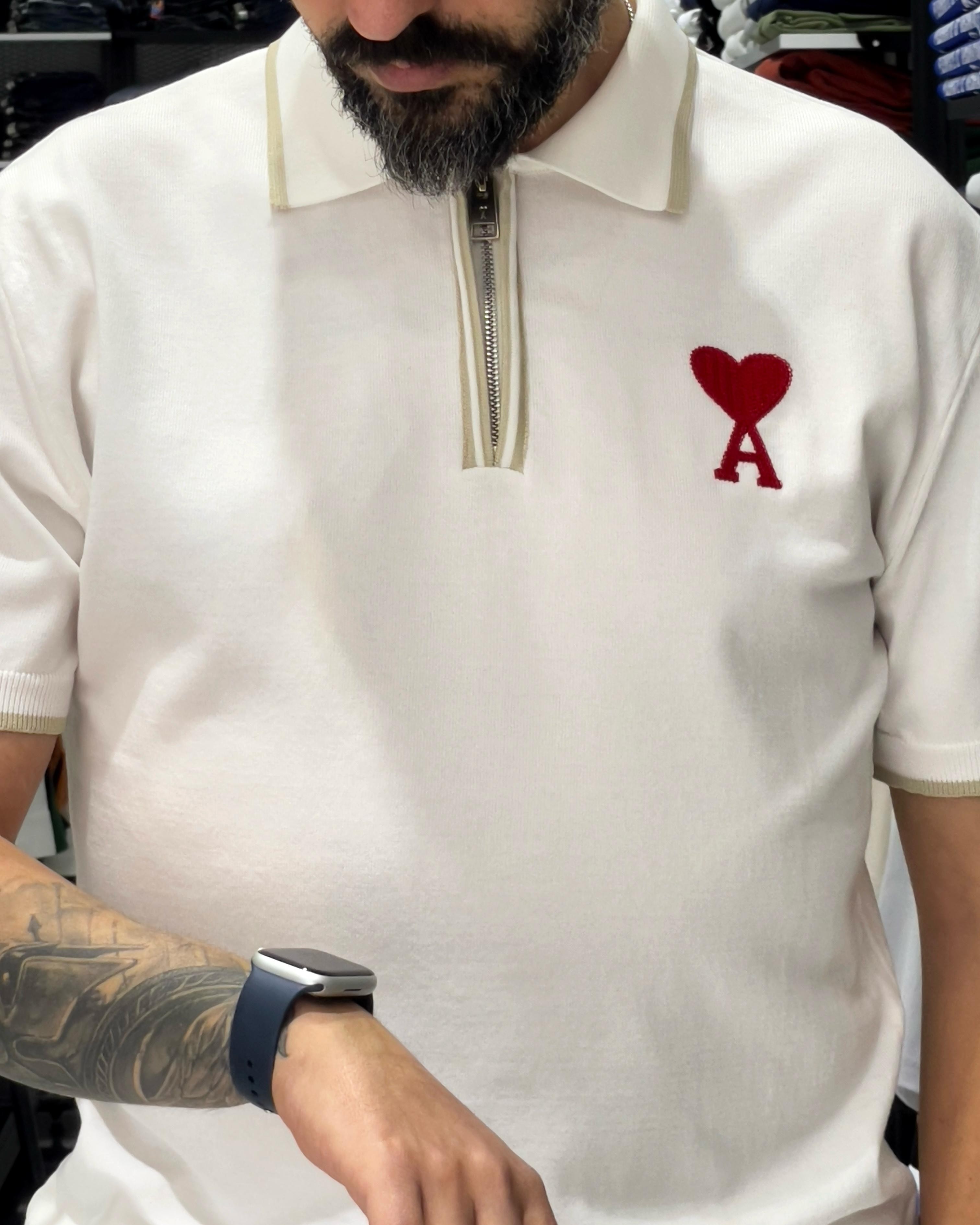 Yarım Fermuarlı Triko Polo Yaka T-Shirt - beyaz