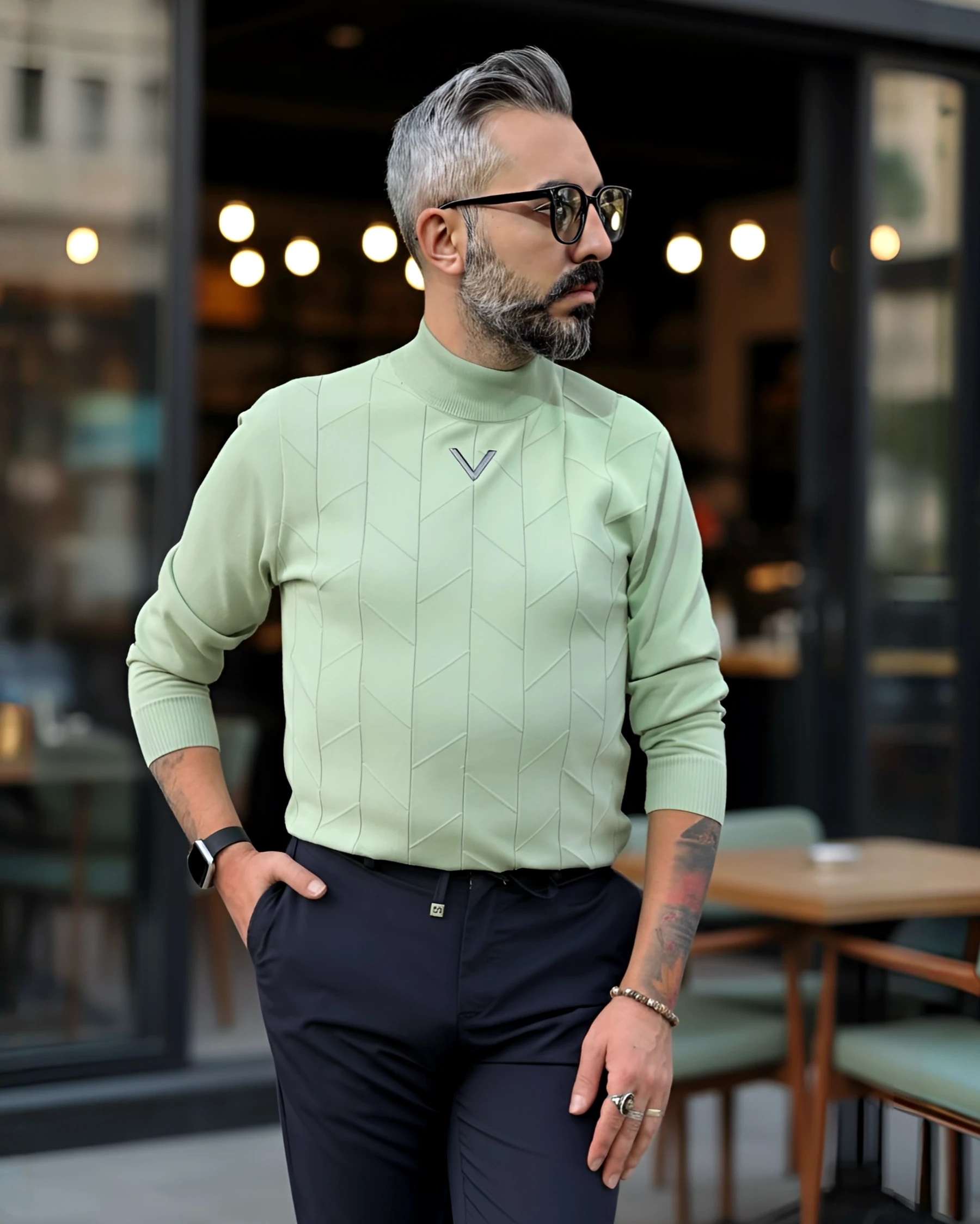 Yarım Balıkçı Desenli Triko Erkek Kazak - yeşil