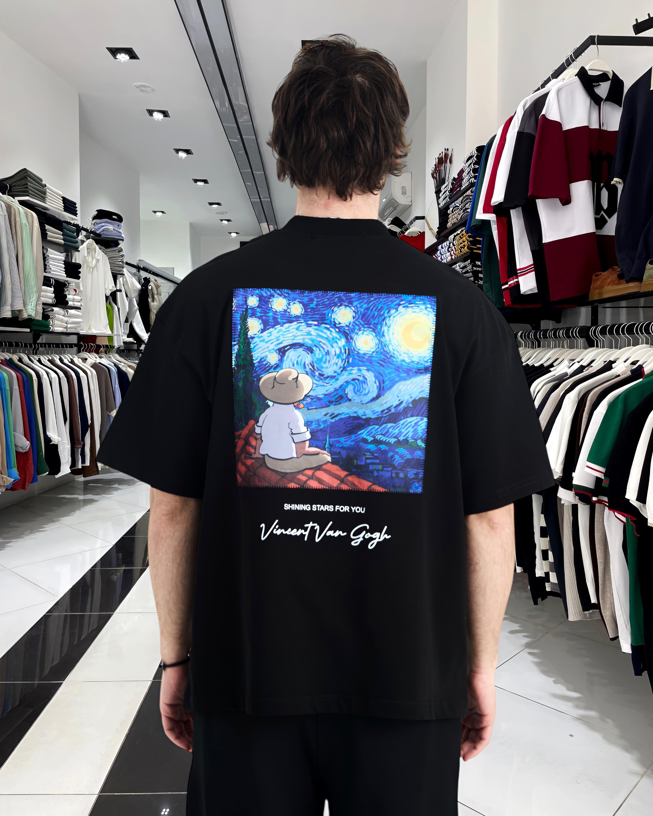 Starry Vision Sırt Kumaş Baskı Van Gogh Oversize Erkek T-Shirt