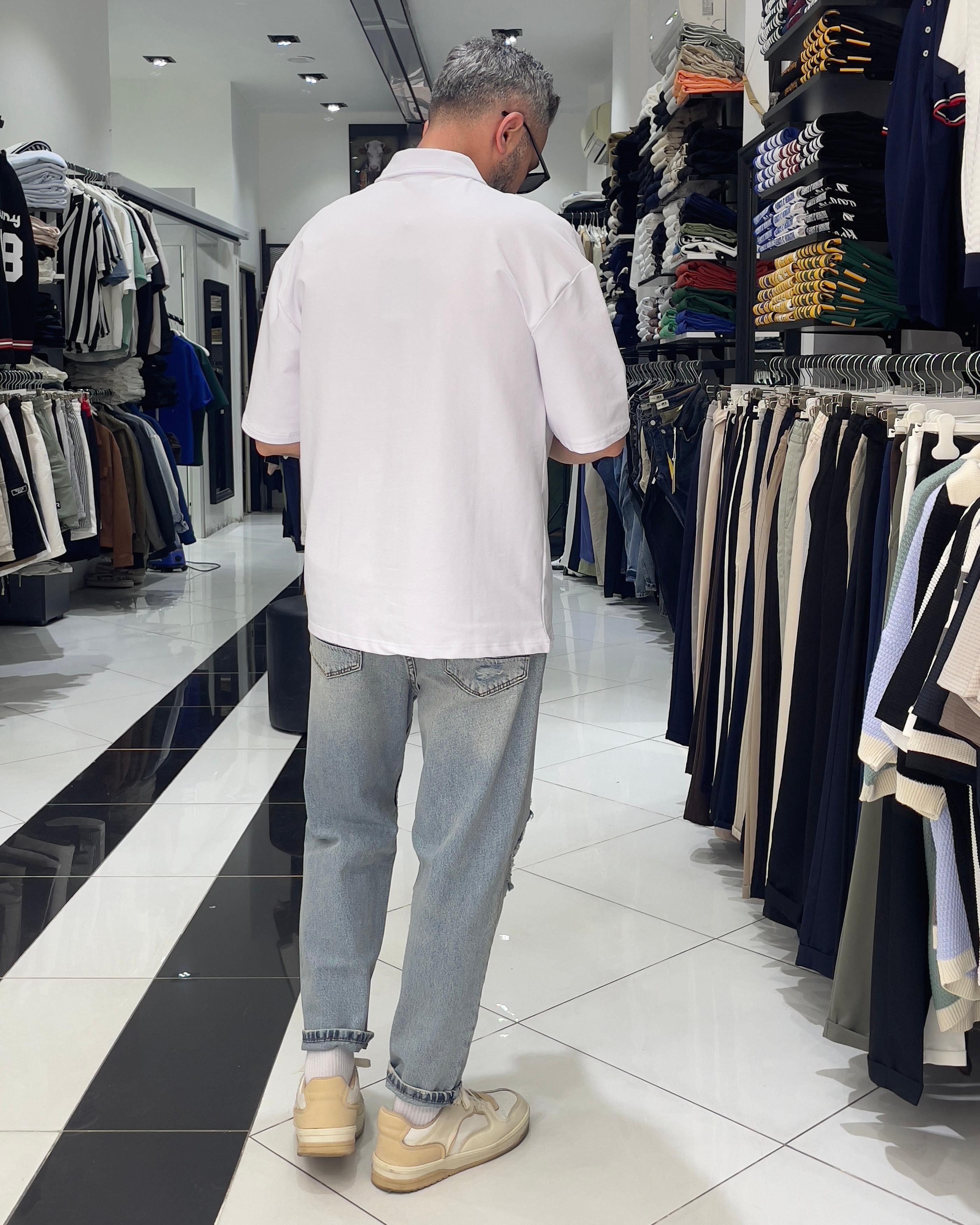 Hommie Baskili Oversize Erkek Polo Yaka T-Shirt - beyaz