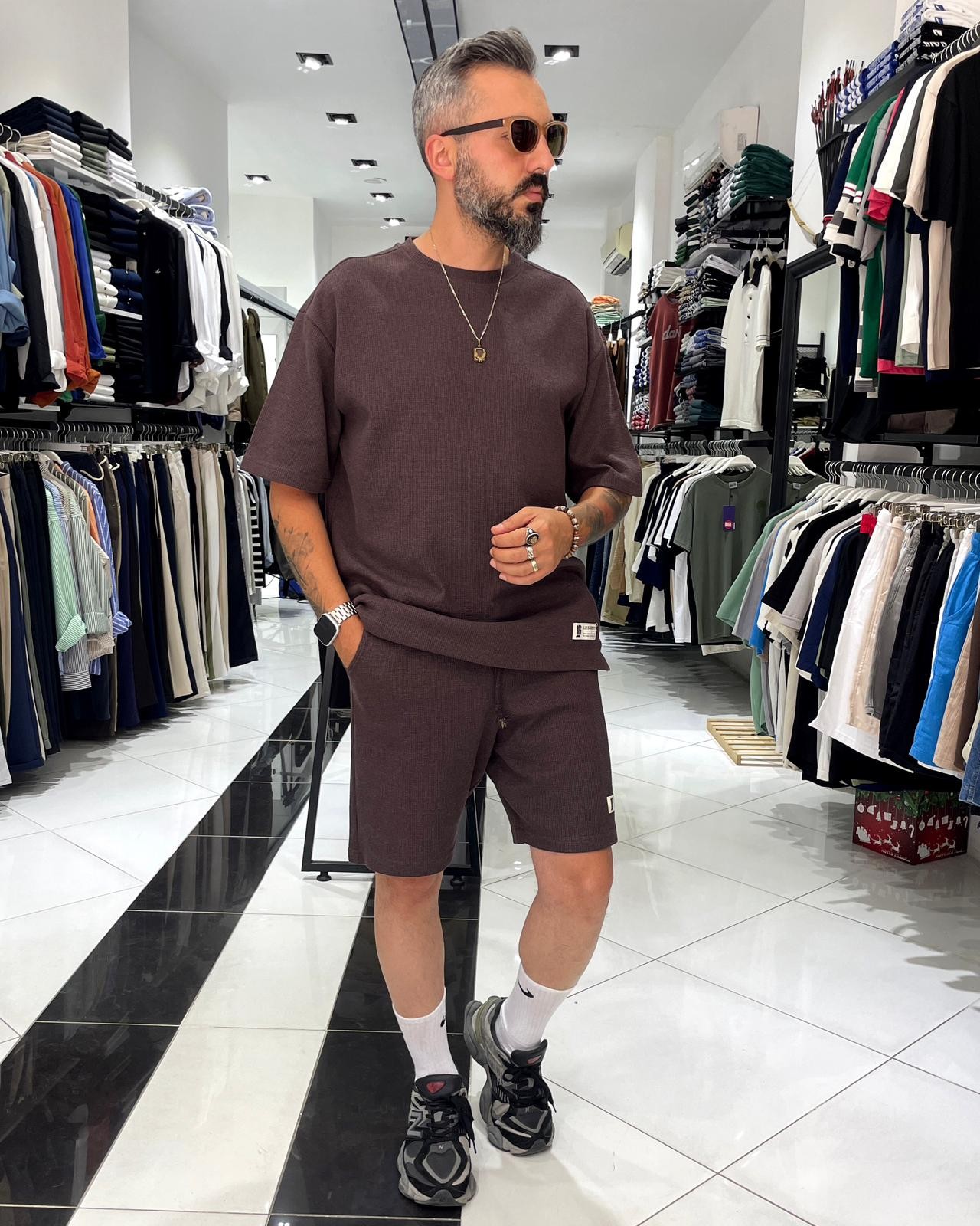 Waffle Kumaş Oversize Erkek T-Shirt & Şort İkili Takım - kahve