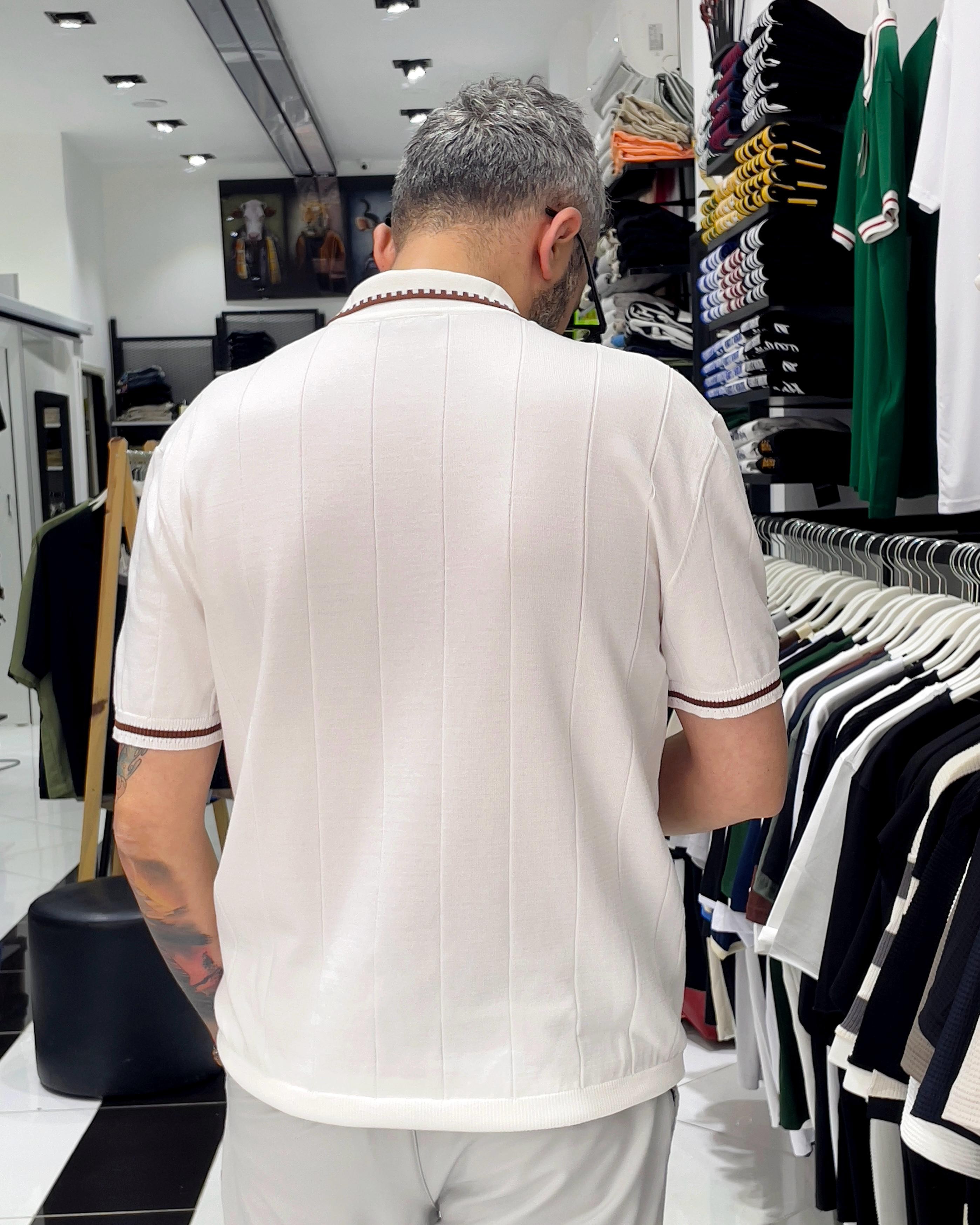 Yaka Ve Kol Detaylı Triko Polo Yaka Erkek T-Shirt - beyaz