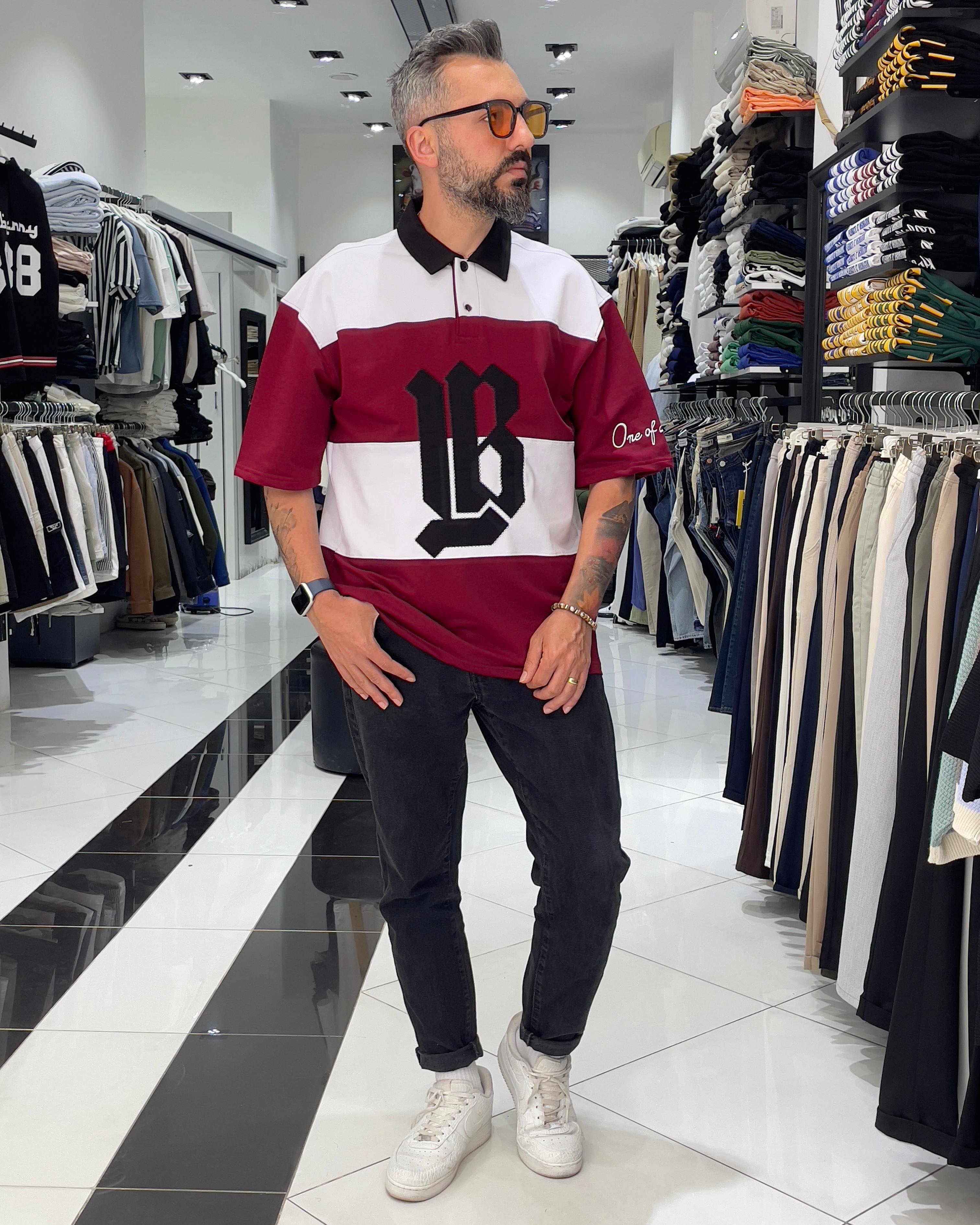 LB Nakışlı Yarım Fermuarlı Oversize Polo Yaka Erkek T-Shirt - bordo