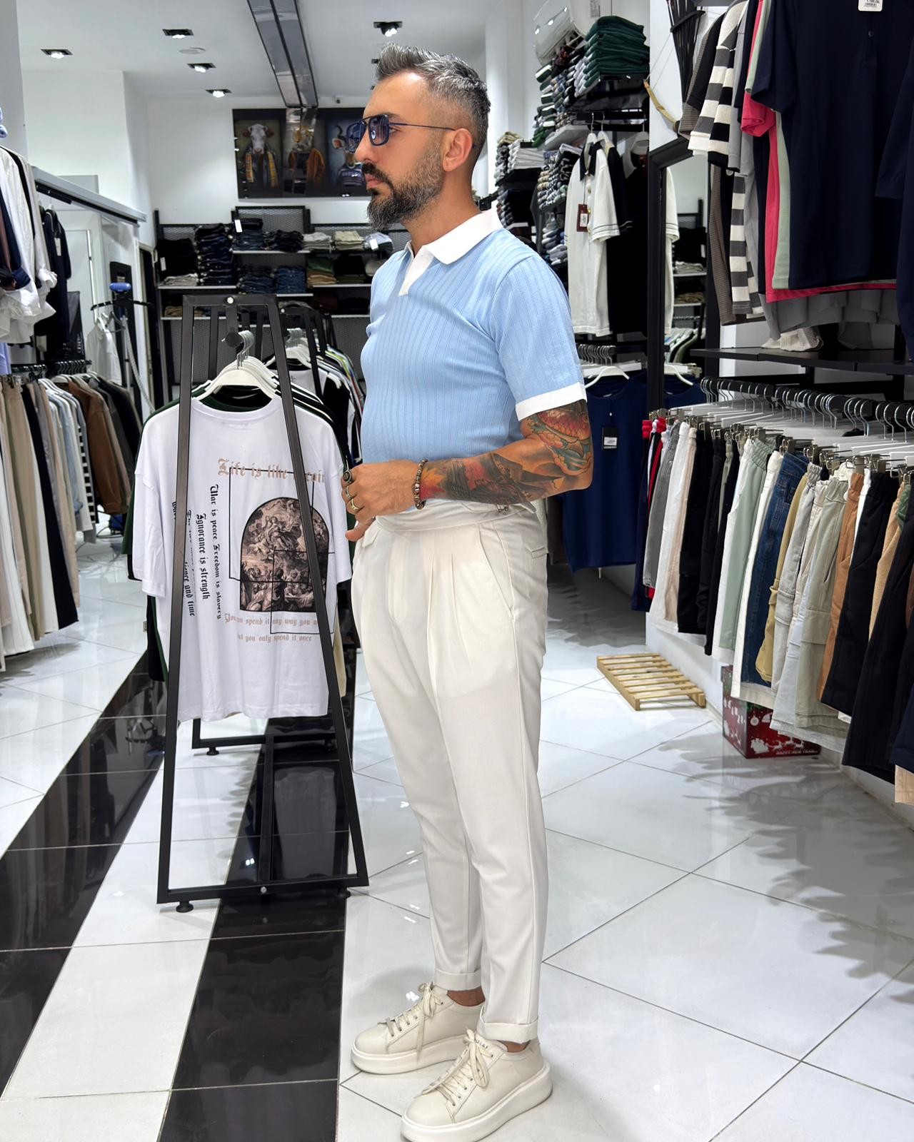 Yaka Detaylı Erkek Triko Polo Yaka T-Shirt - Bebe Mavisi