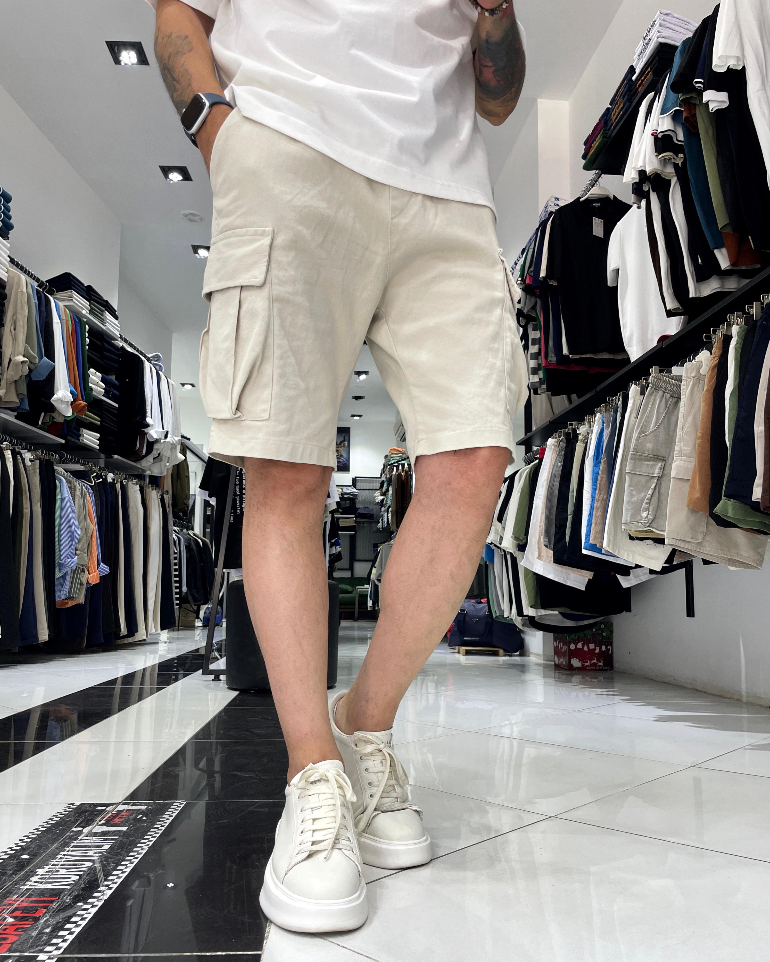 Elastic Waist Denim Shorts with Cargo Pockets - Grey