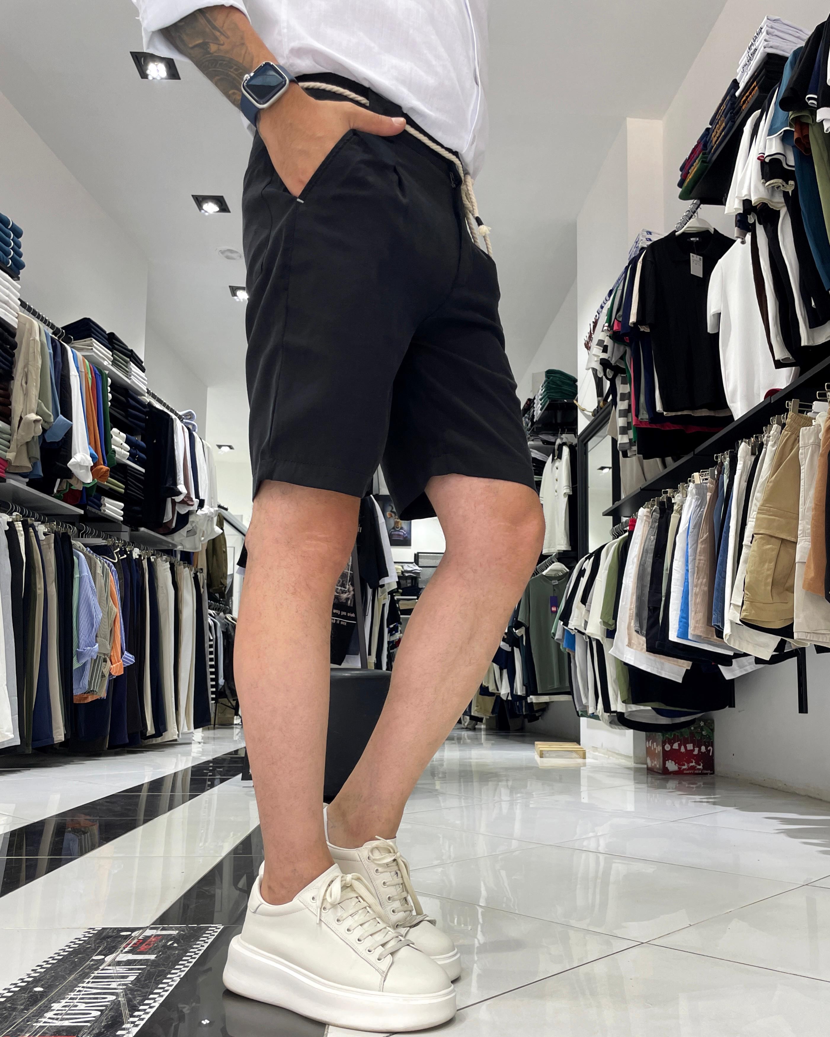 Modal Fabric Belt Detailed Men's Shorts - Black