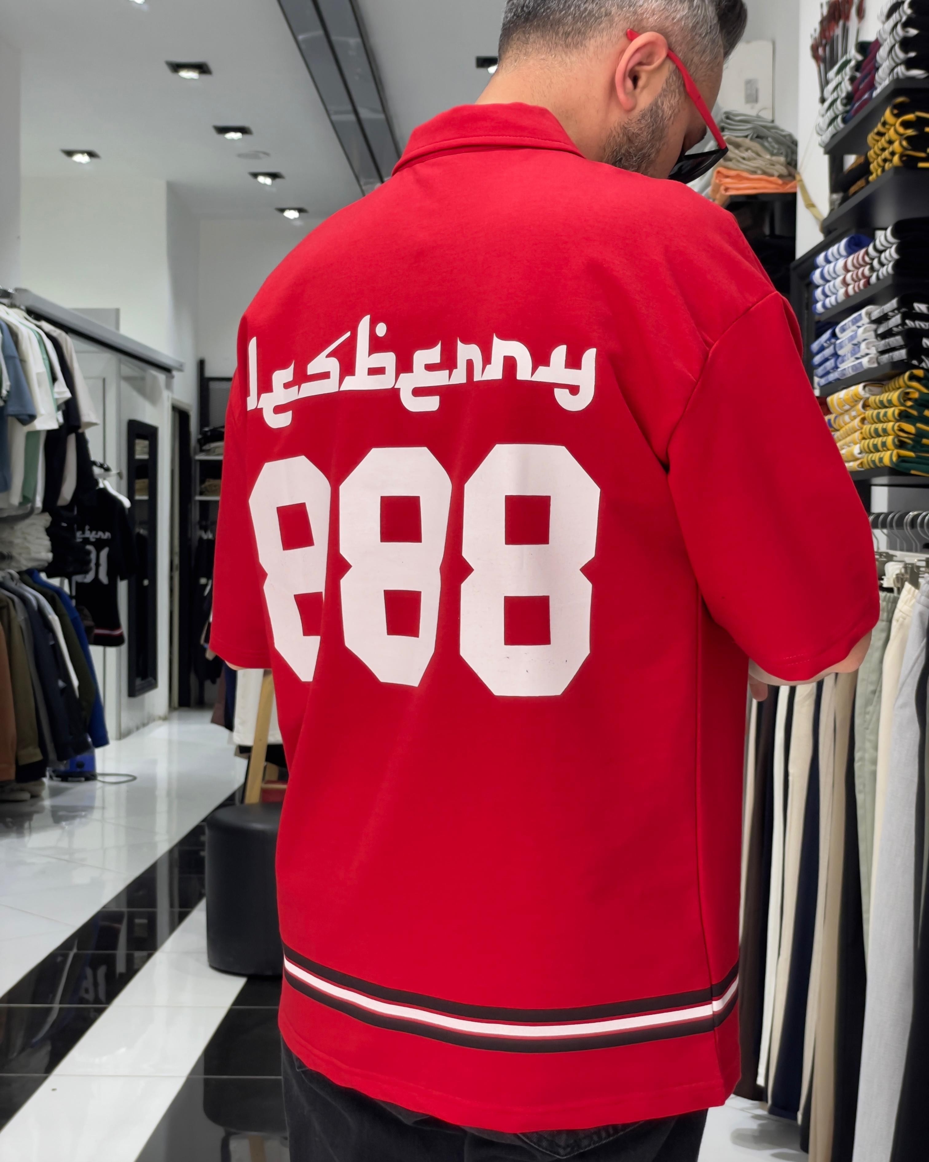888 Baskılı Oversize Polo Yaka Erkek T-Shirt - kırmızı