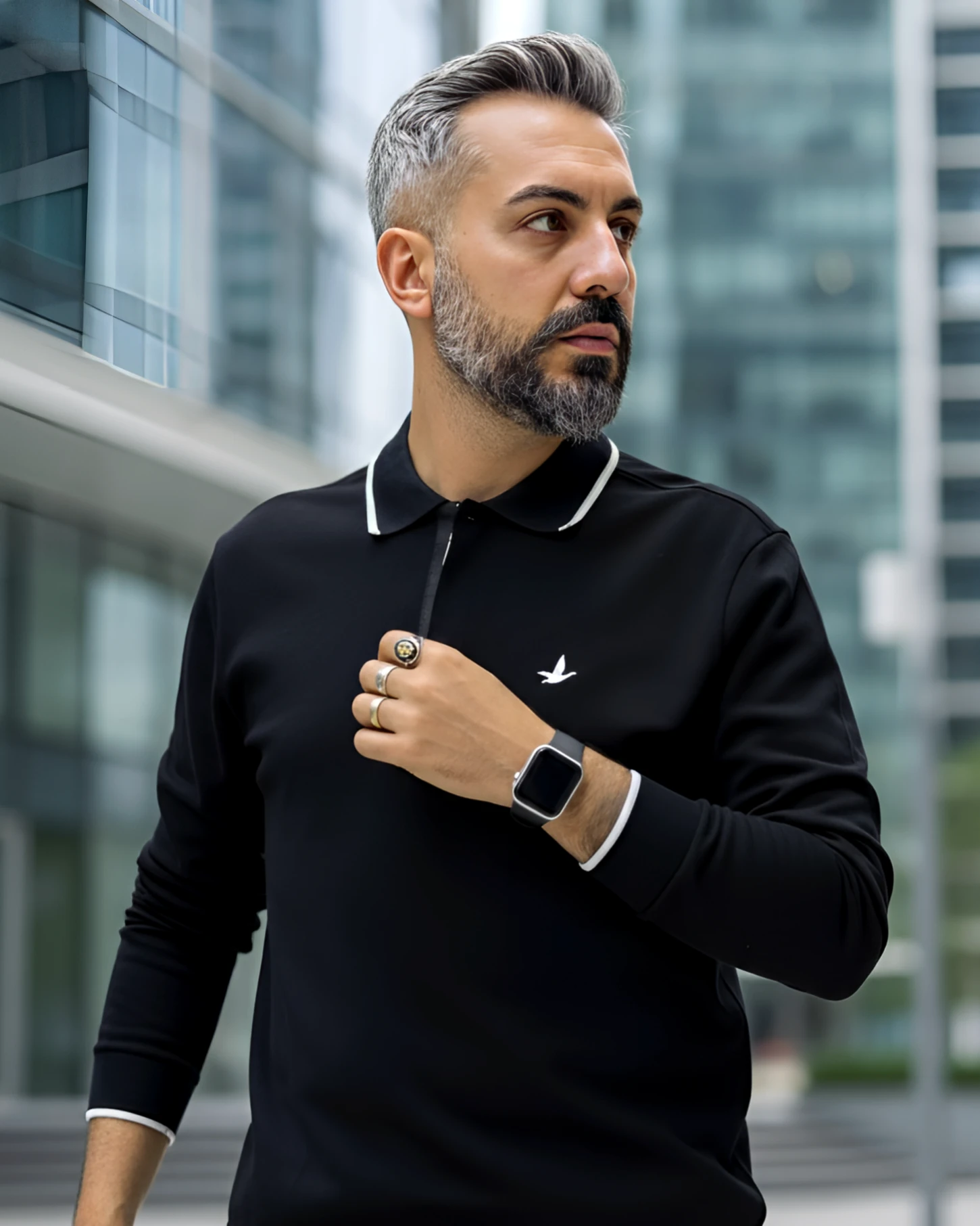 Uzun Kollu  Yarım Fermuarlı Pike Kumaş Erkek Polo - siyah