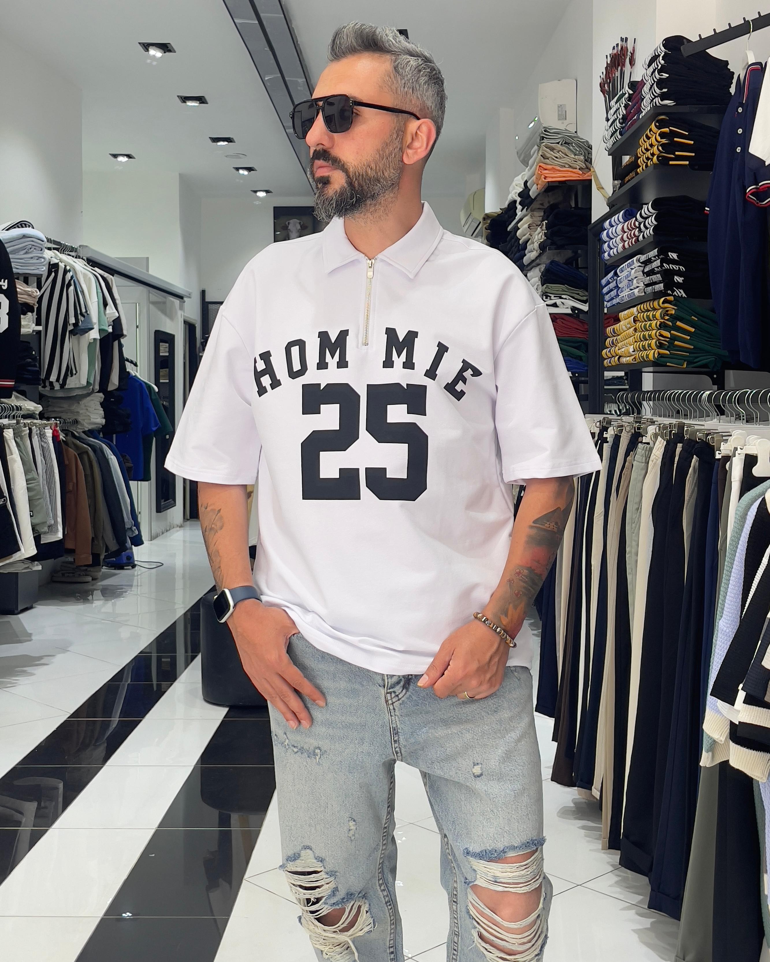 Hommie Baskili Oversize Erkek Polo Yaka T-Shirt - beyaz