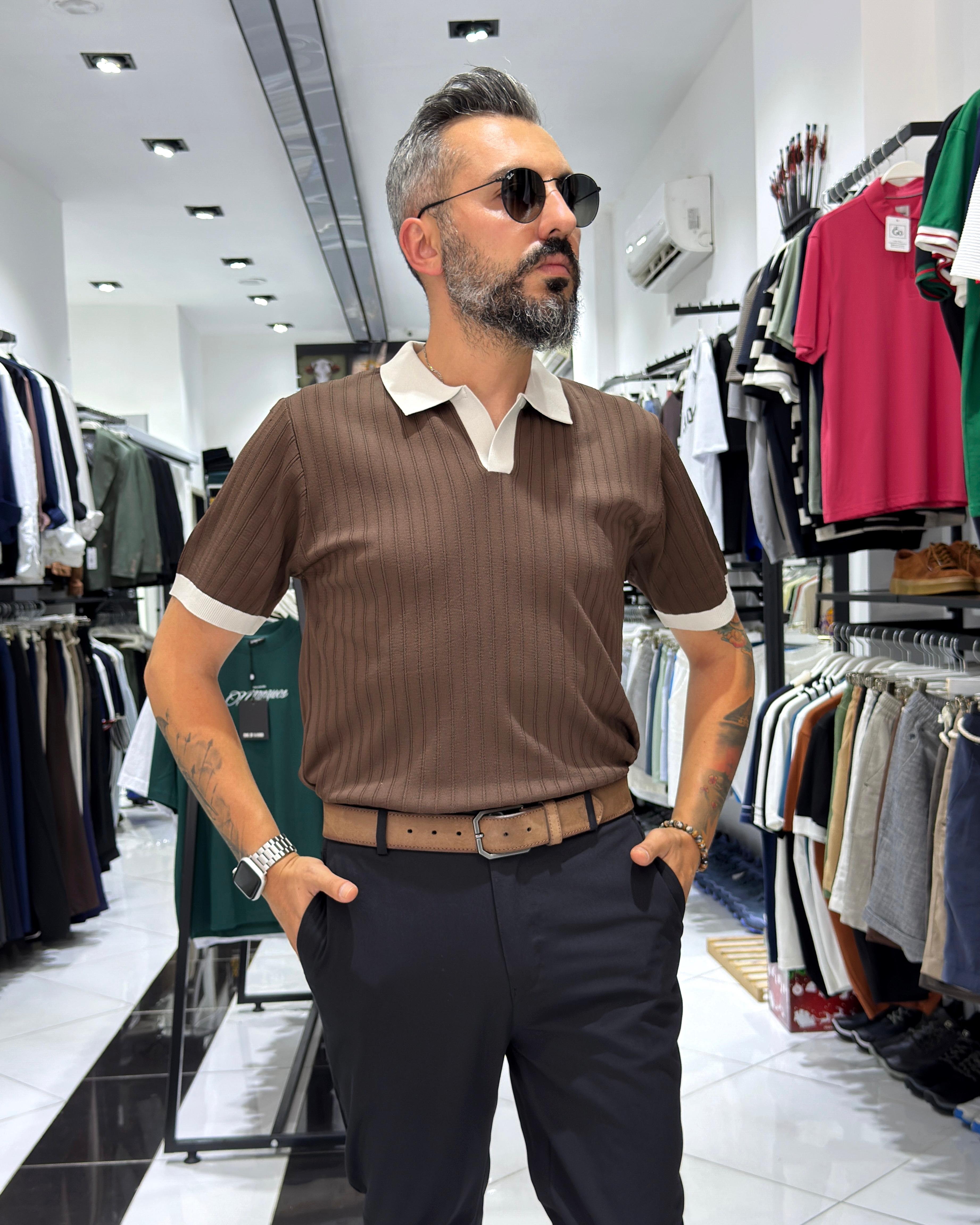 Yaka Detaylı Erkek Triko Polo Yaka T-Shirt - kahve