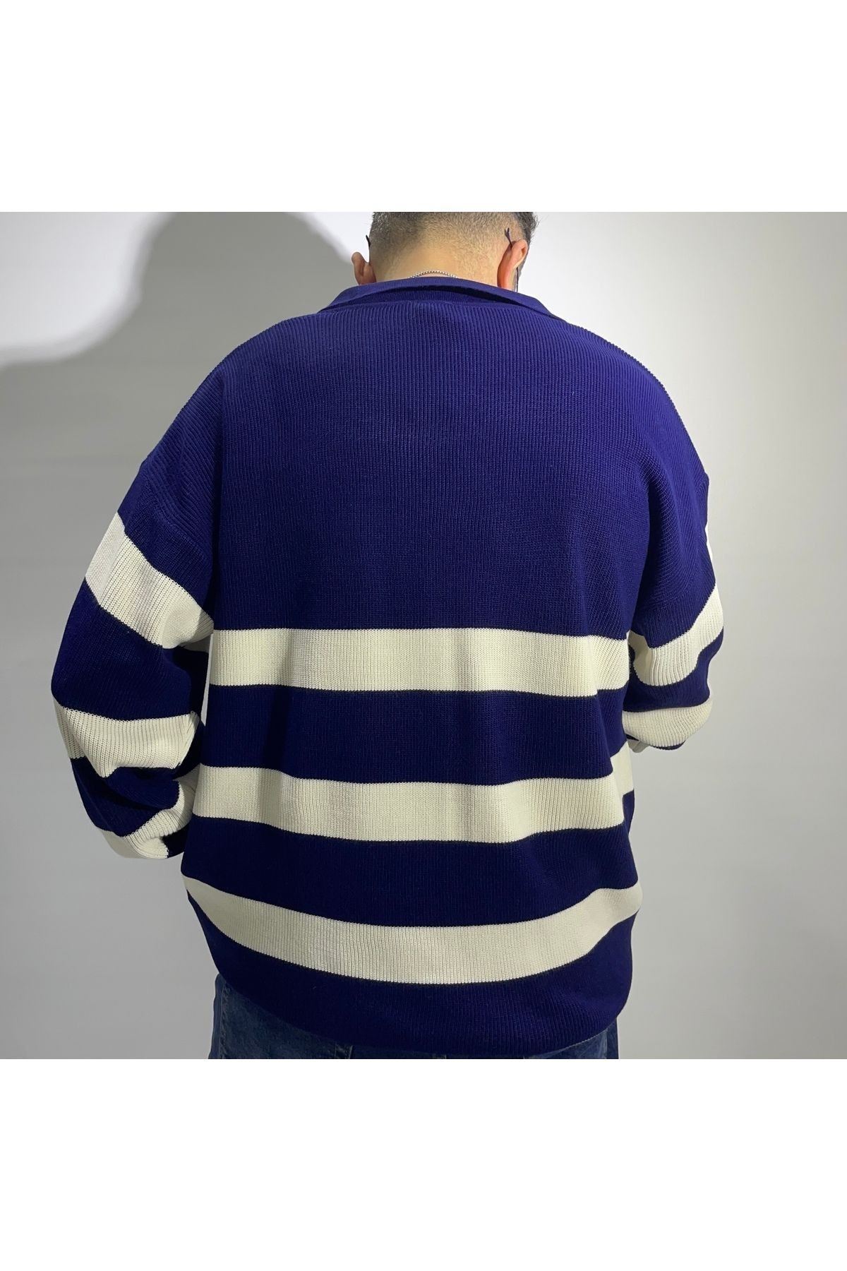 Oversize Erkek Polo Yaka Çizgili Kazak