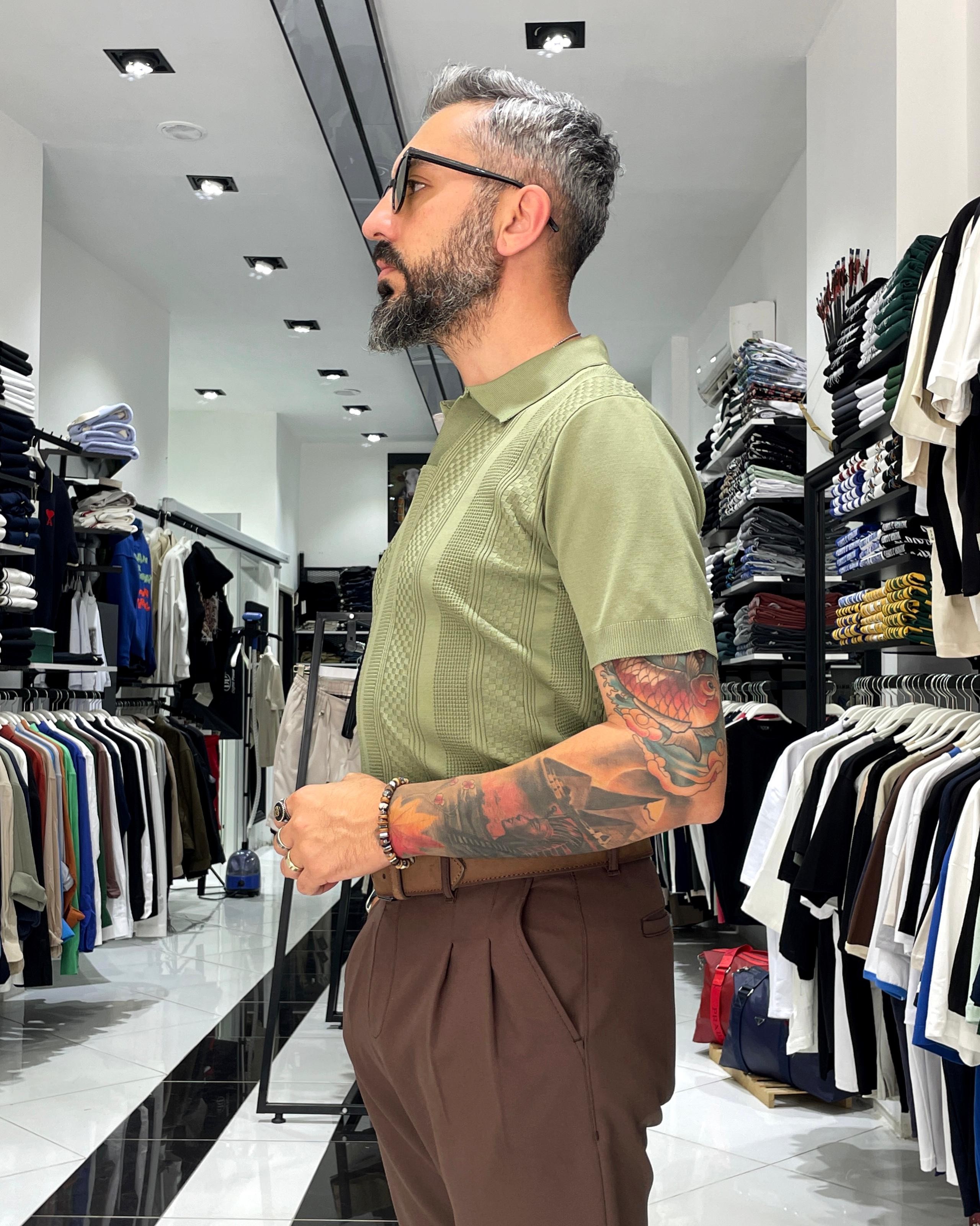 Kendinden Desenli Triko Erkek Polo Yaka T-Shirt