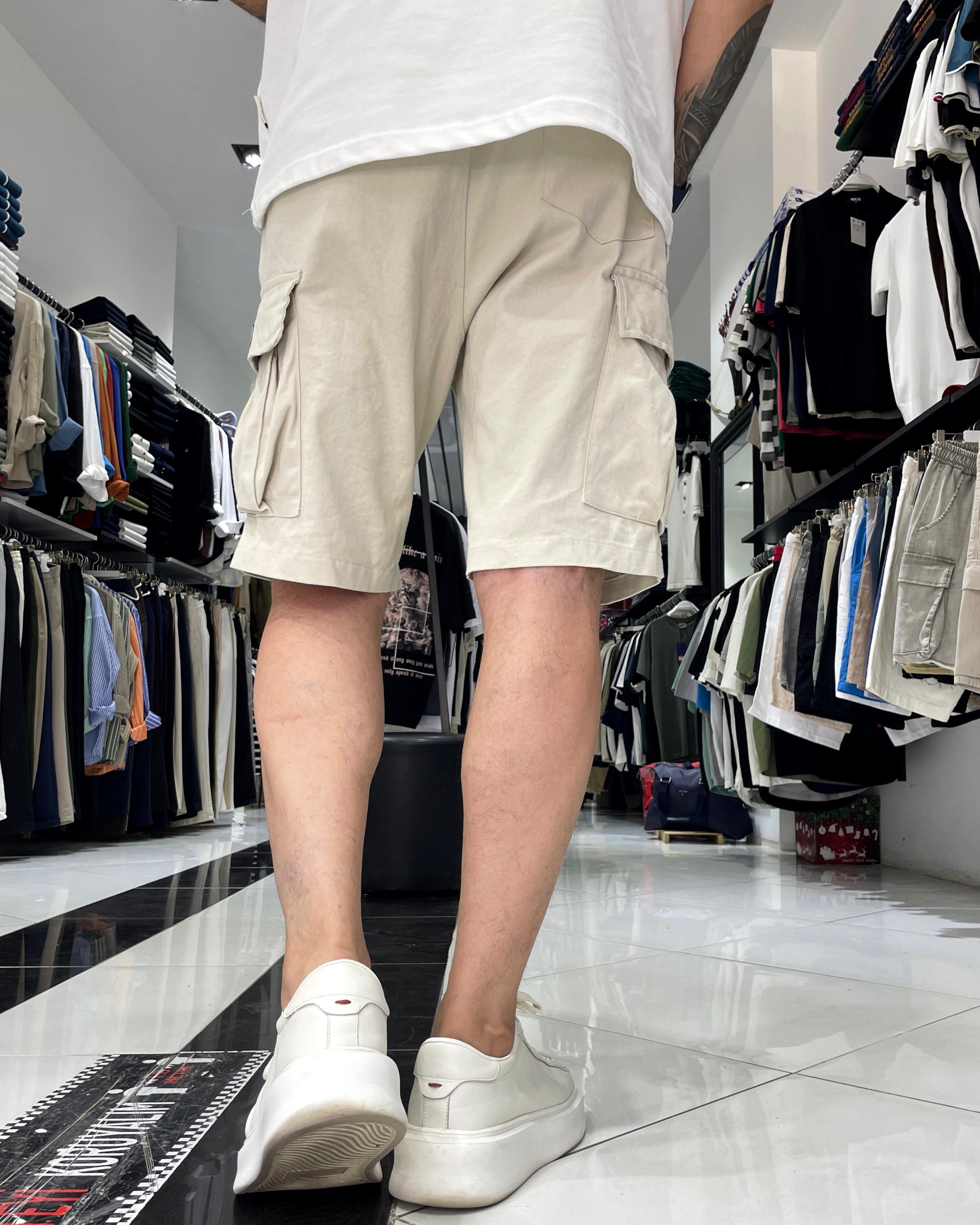 Elastic Waist Denim Shorts with Cargo Pockets - Grey