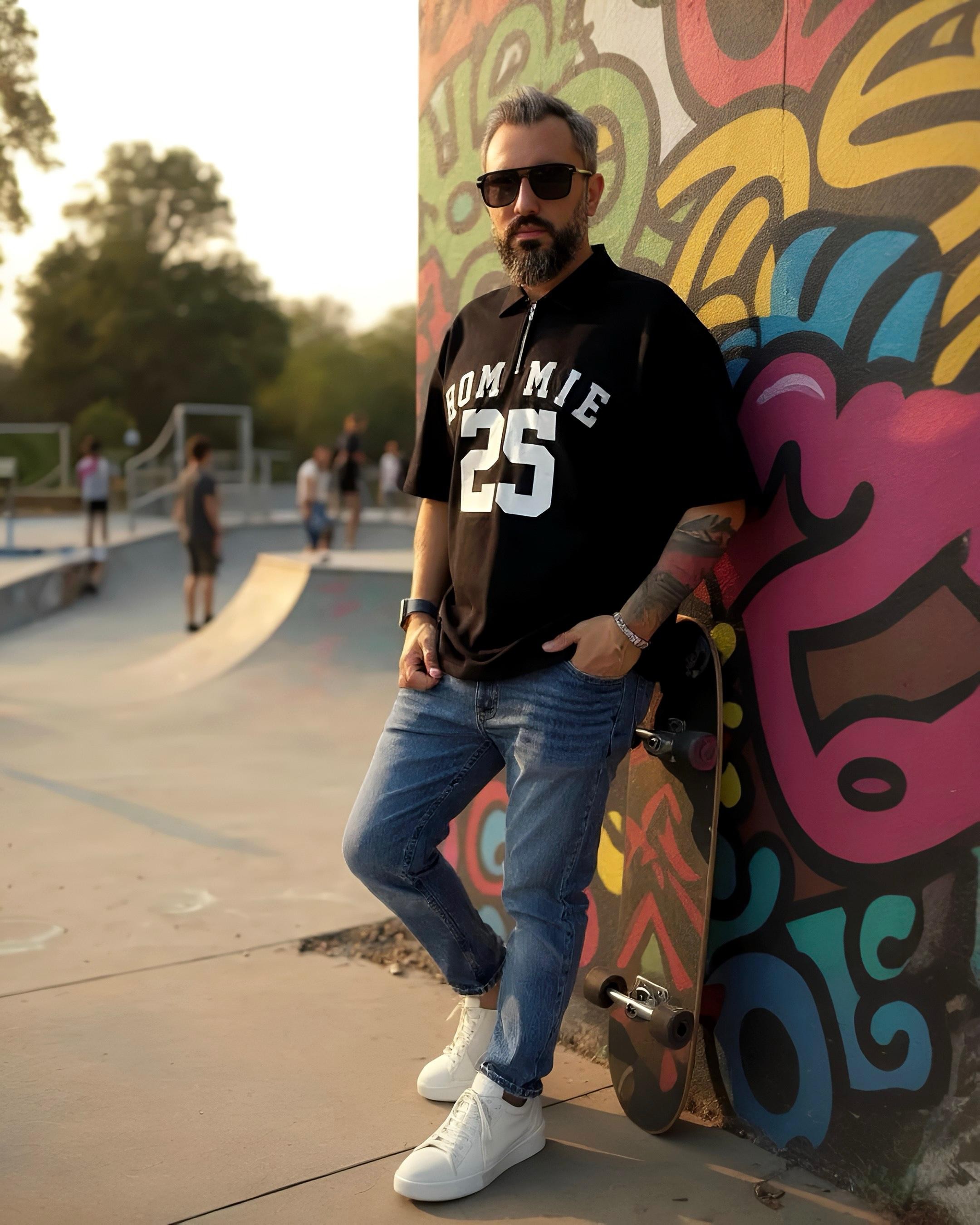 Hommie Baskili Oversize Erkek Polo Yaka T-Shirt - siyah