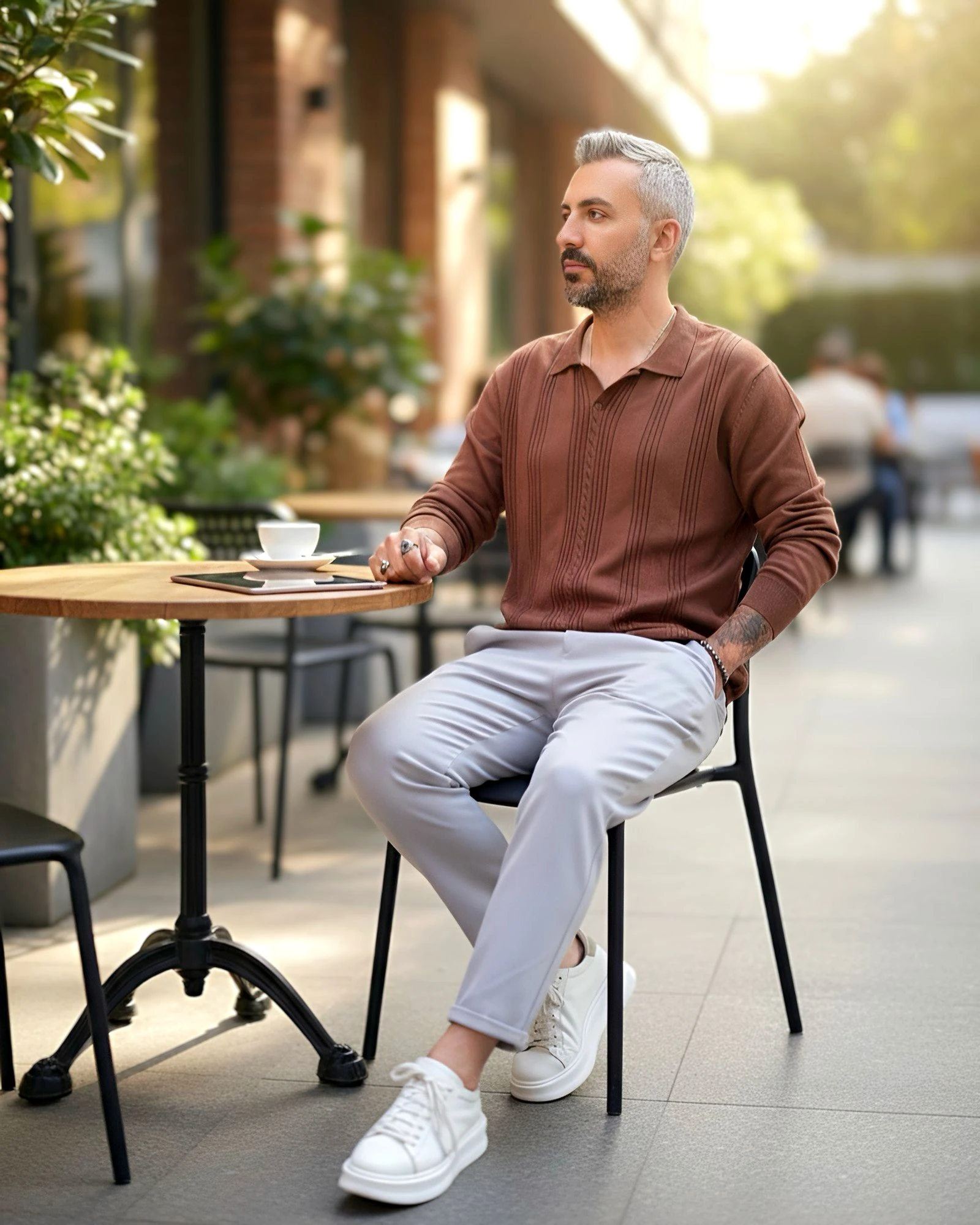 Kendinden Desenli Yakalı Erkek Triko Kazak