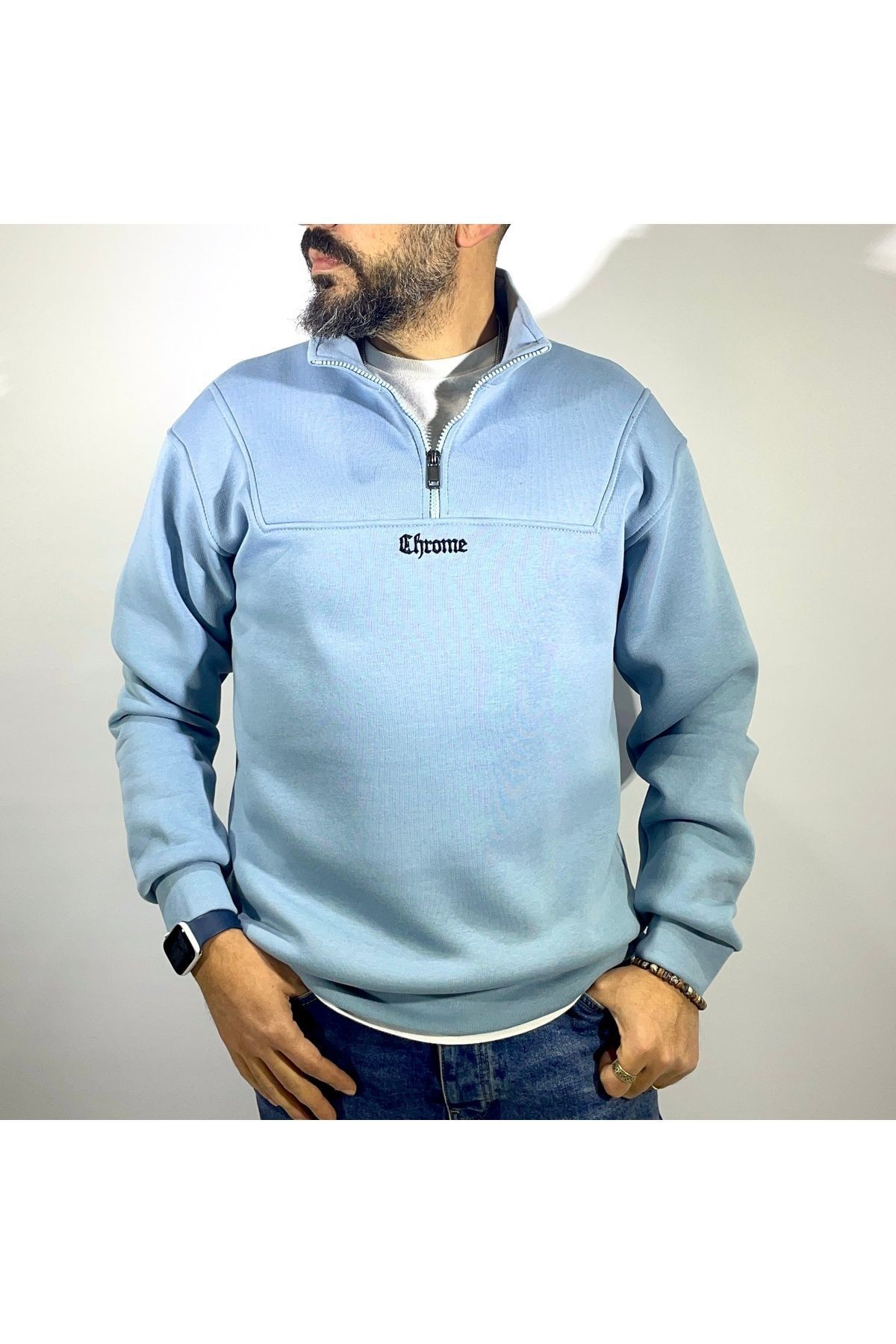 Yarım Fermuarlı Oversize Erkek Sweatshirt - mavi