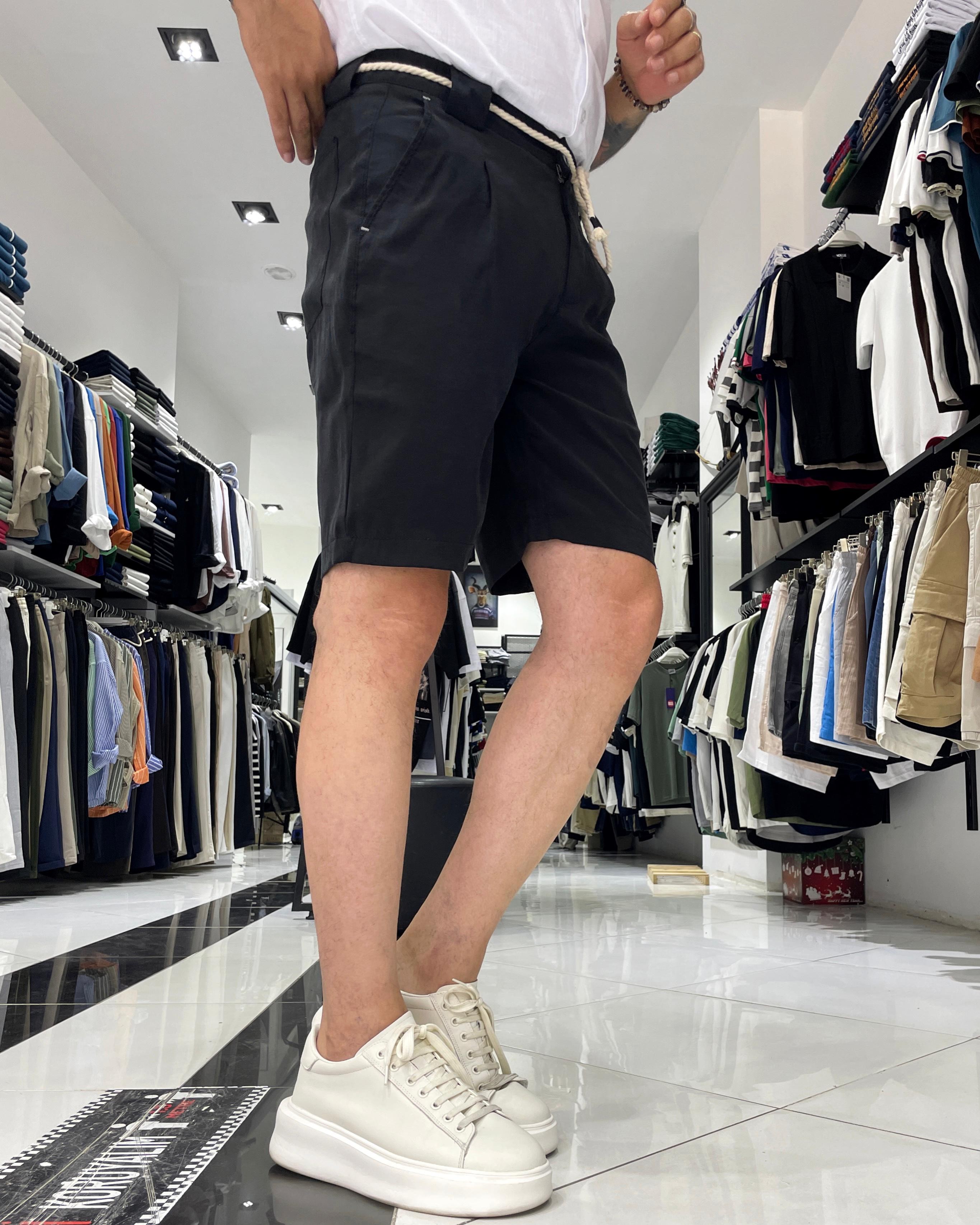 Modal Fabric Belt Detailed Men's Shorts - Black