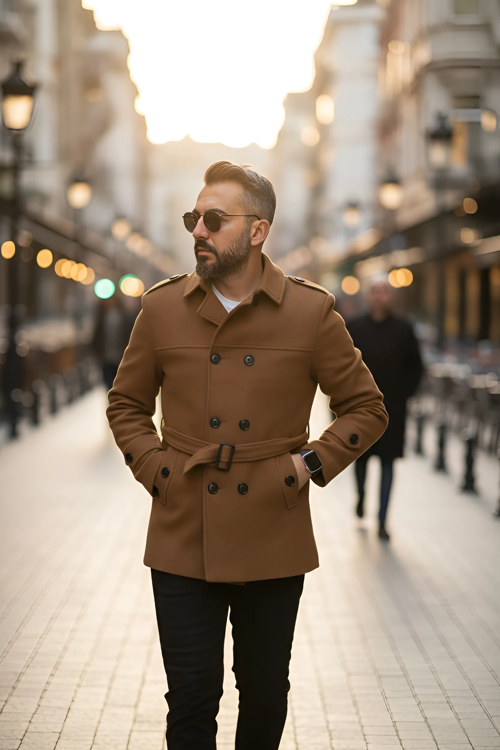 Men's Cashmere Coat with Belt and Epaulette Detail - Camel