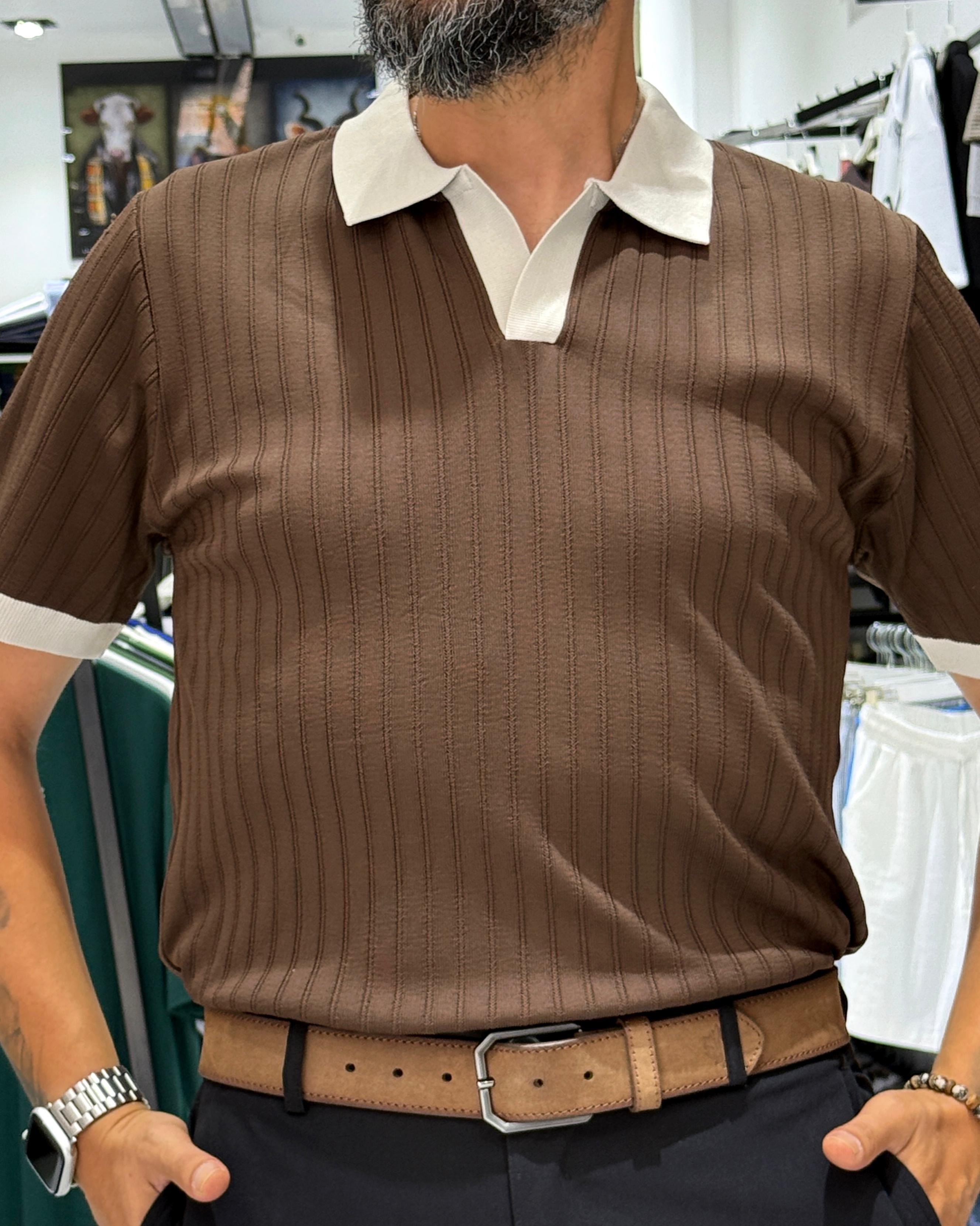Yaka Detaylı Erkek Triko Polo Yaka T-Shirt - kahve