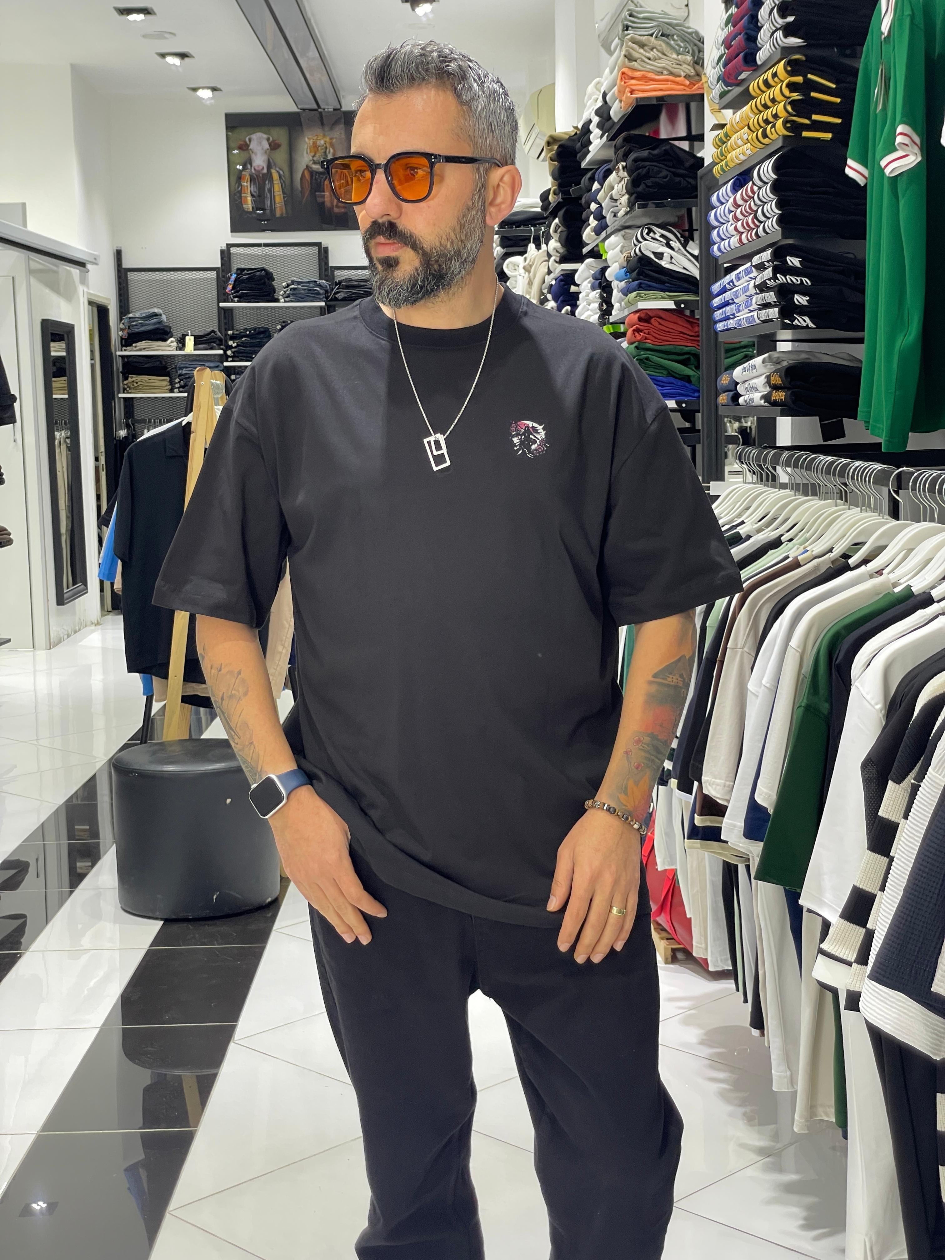 Samuray Baskılı Siyah Oversize Erkek T-Shirt – Higo Man