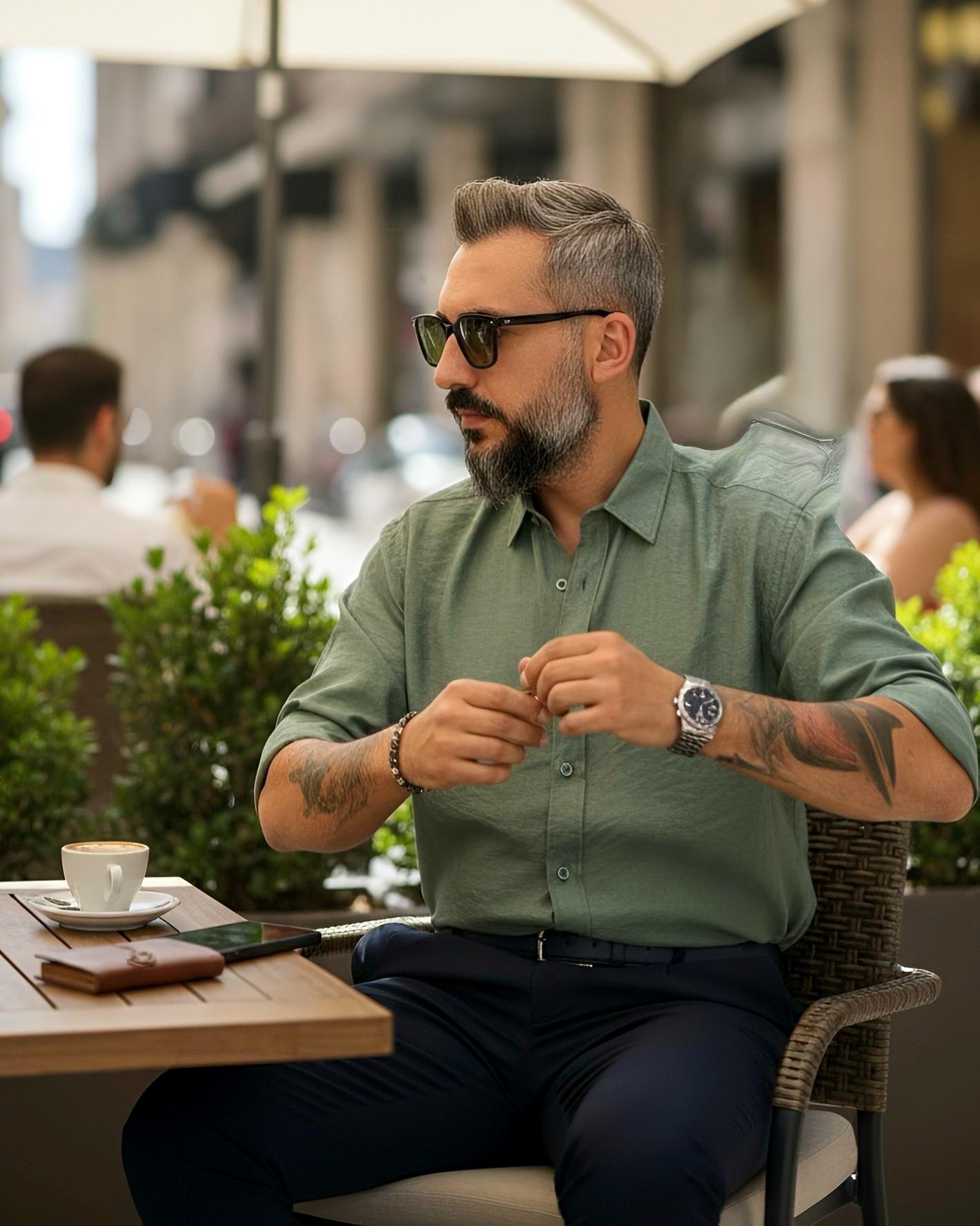 Tensel Kumaş Oversize Dokulu Erkek Gömlek - haki