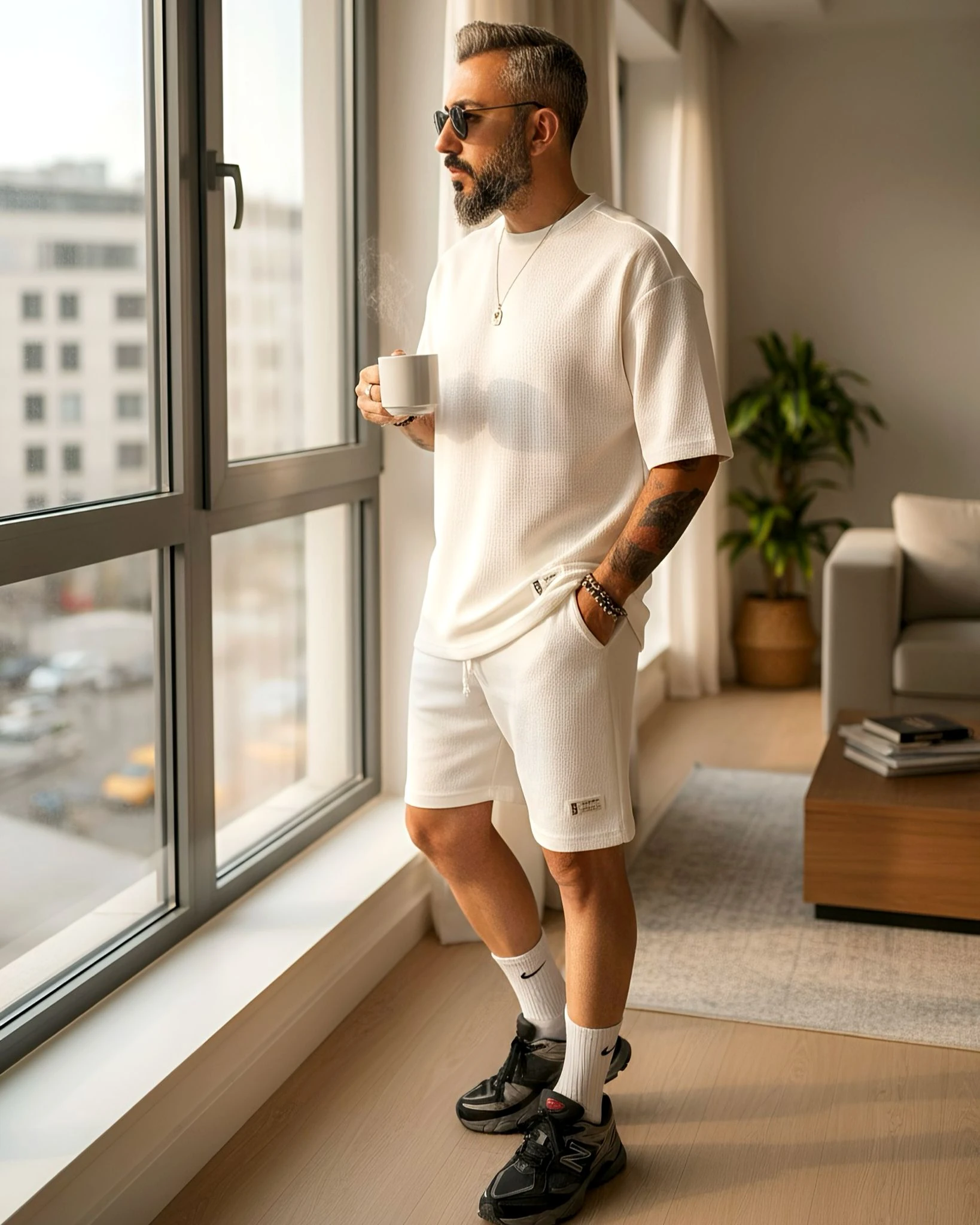 Waffle Fabric Oversize Men's T-Shirt & Shorts Two-Piece Set - White