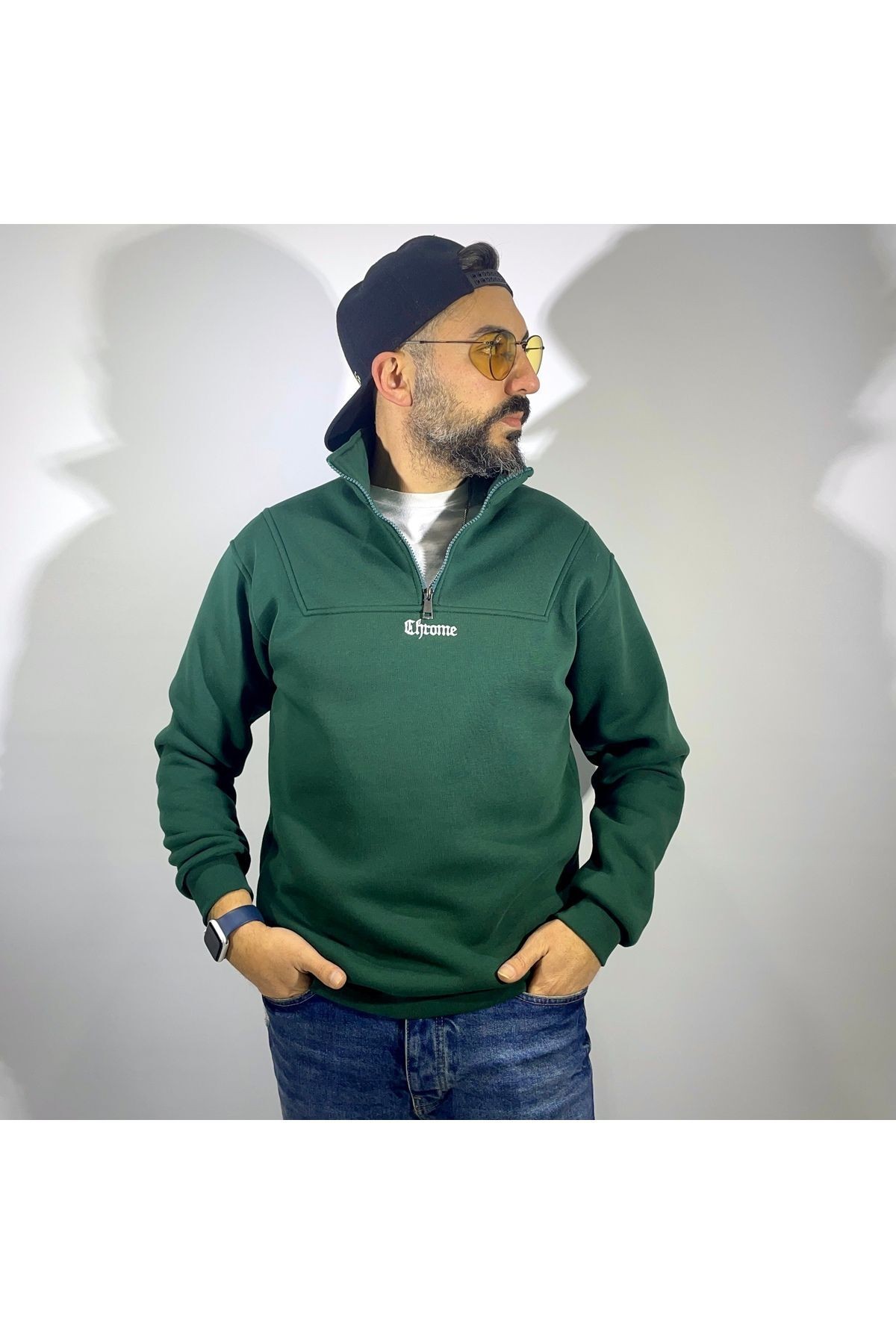 Yarım Fermuarlı Oversize Erkek Sweatshirt - haki