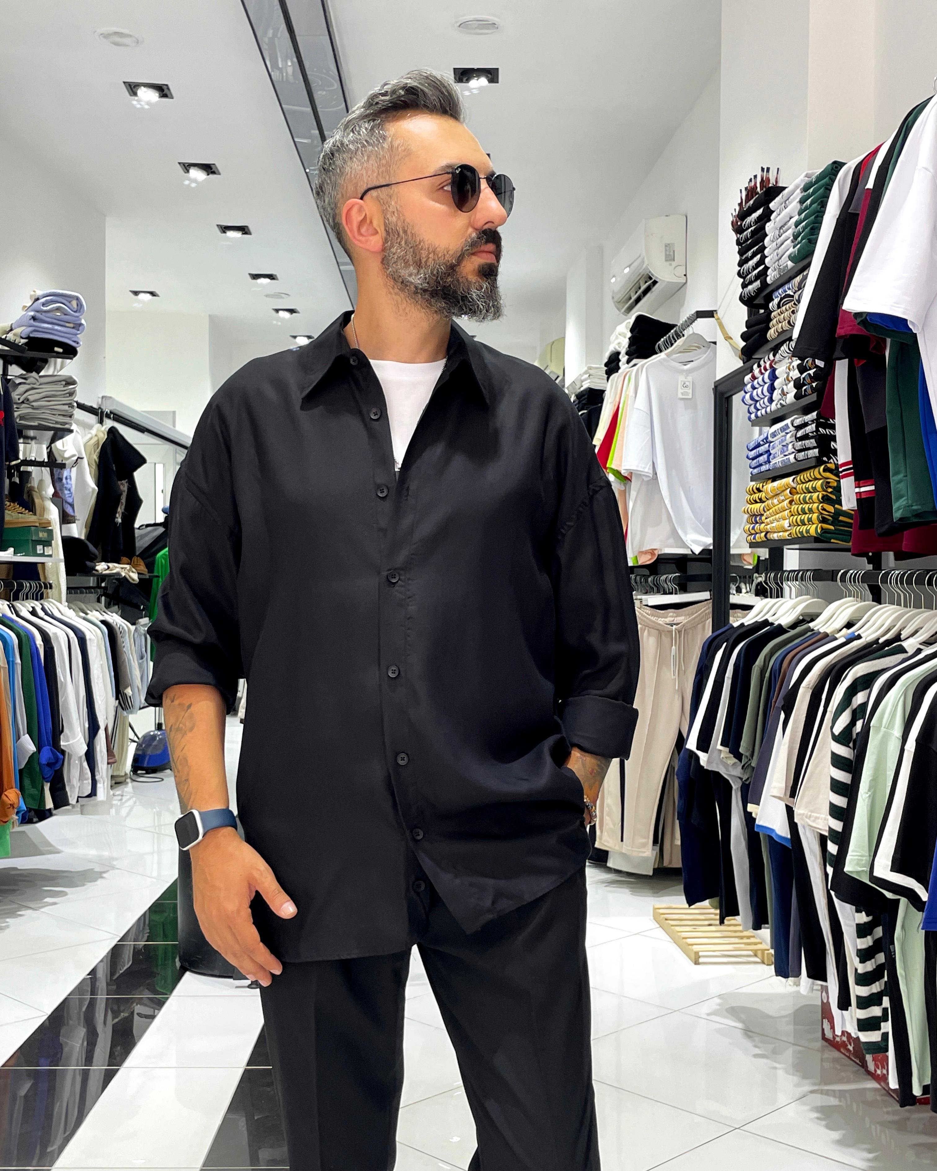 Tensel Kumaş Ekstra Oversize Erkek Gömlek - siyah