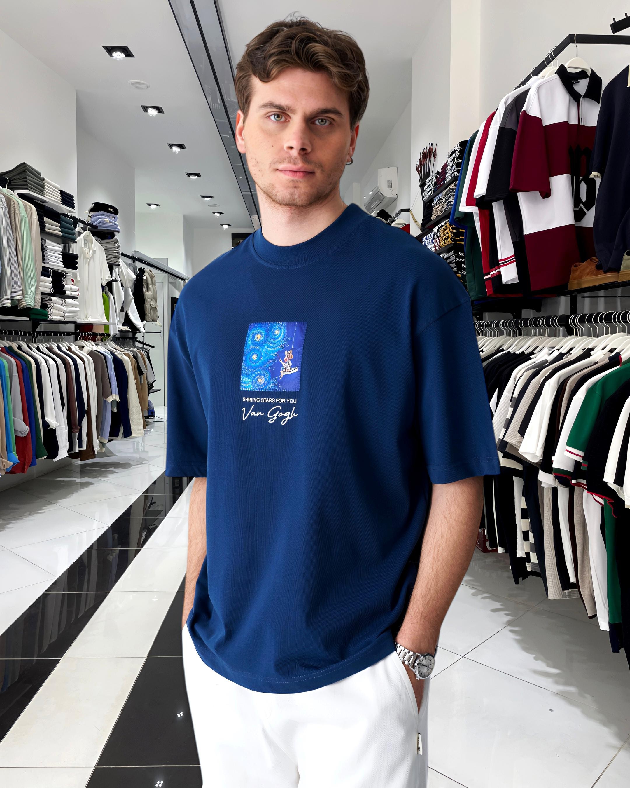 Starry Vision Sırt Kumaş Baskı Van Gogh Oversize Erkek T-Shirt - lacivert