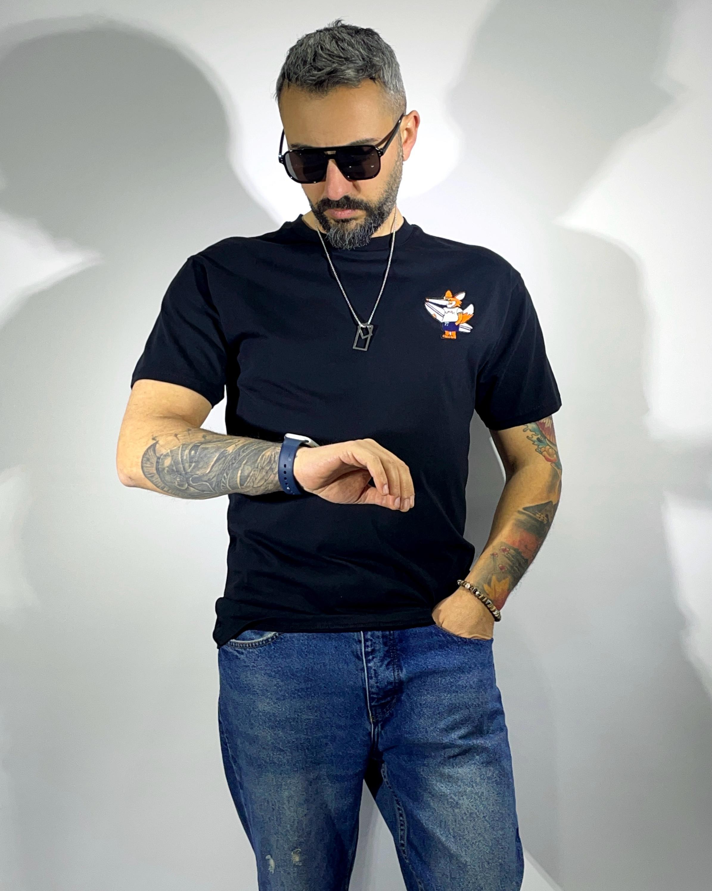 Tilki Figürlü Slim Fit Erkek Tişört | Higo Man