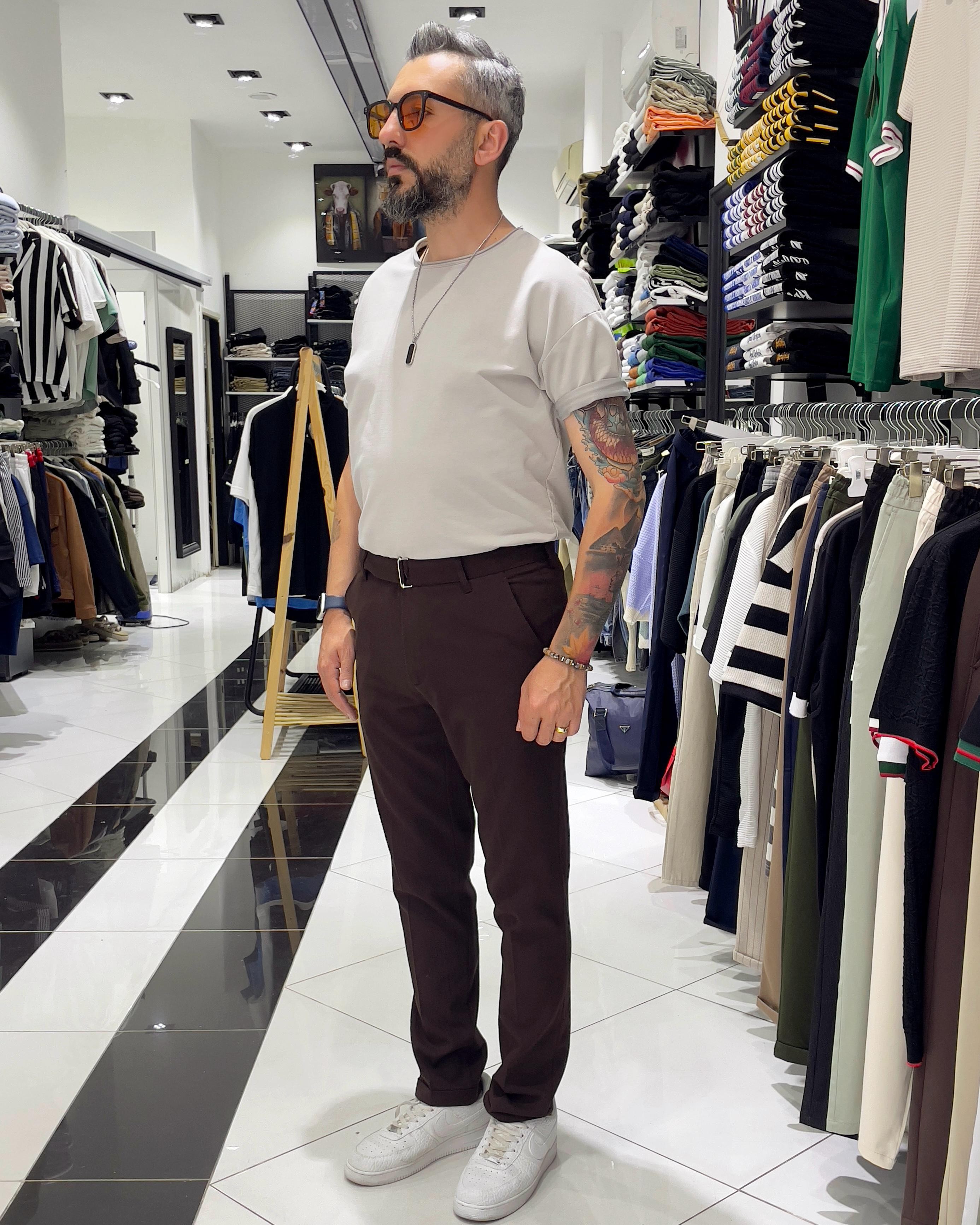 Italian Style Belted Men's Fabric Trousers - Brown