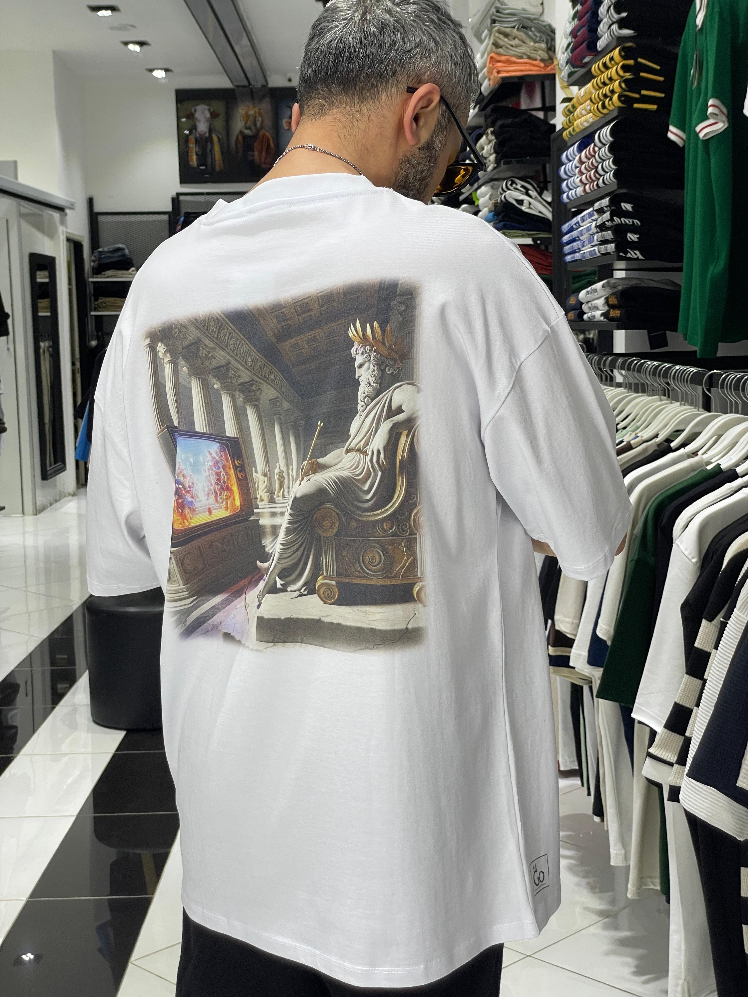 Oversize Zeus Sırt Baskılı Beyaz Erkek Tişört