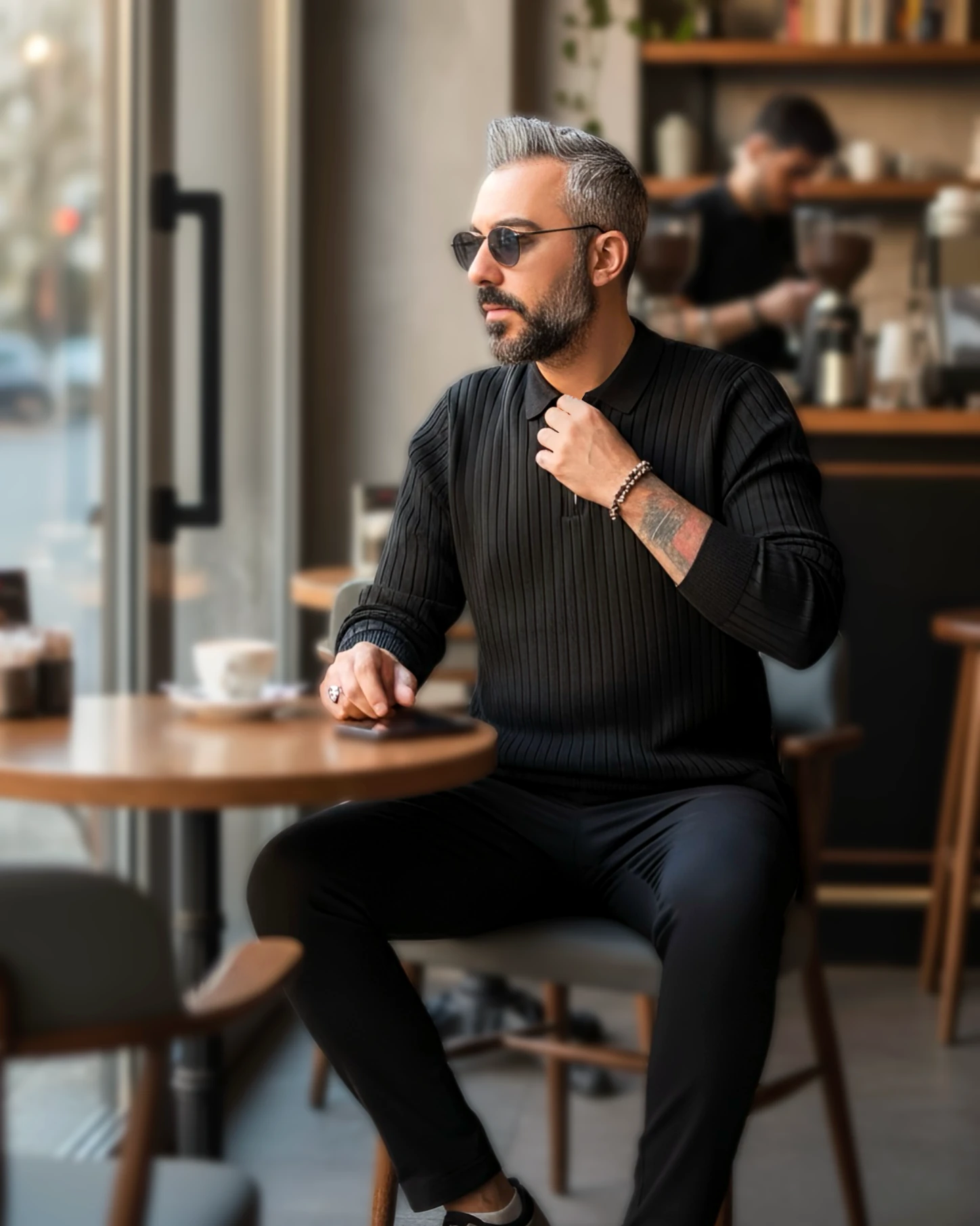 Espresso Line Old Money Erkek Triko Yarım Fermuarlı Polo Kazak - siyah